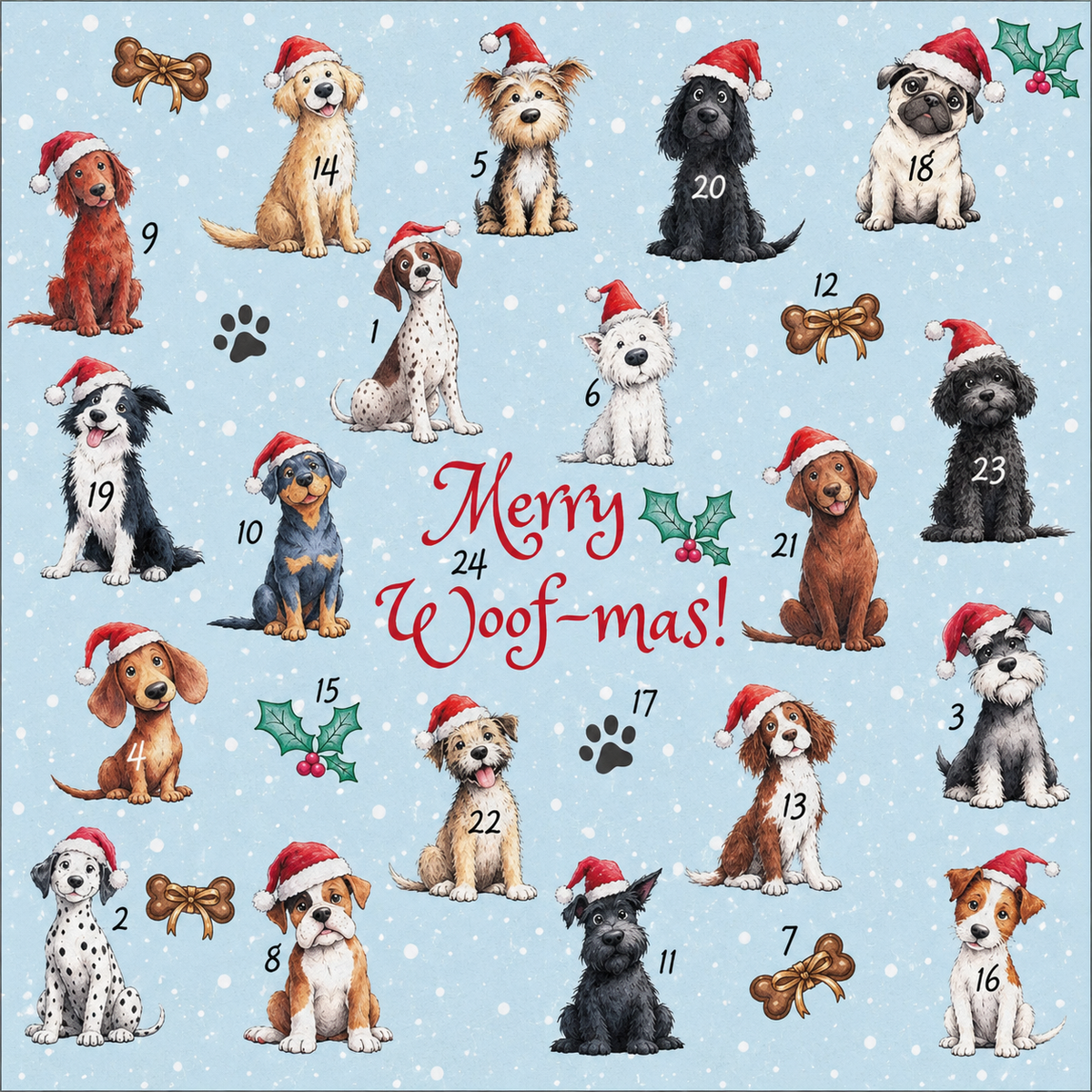 Dogs Advent Calendar Christmas Card with festive dog design