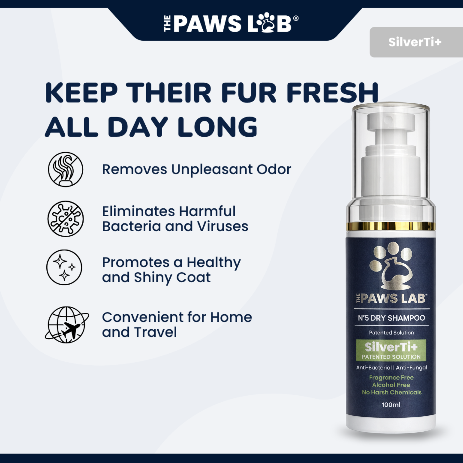 Gentle alcohol-free dry shampoo spray suitable for dogs, cats and sensitive skin.
