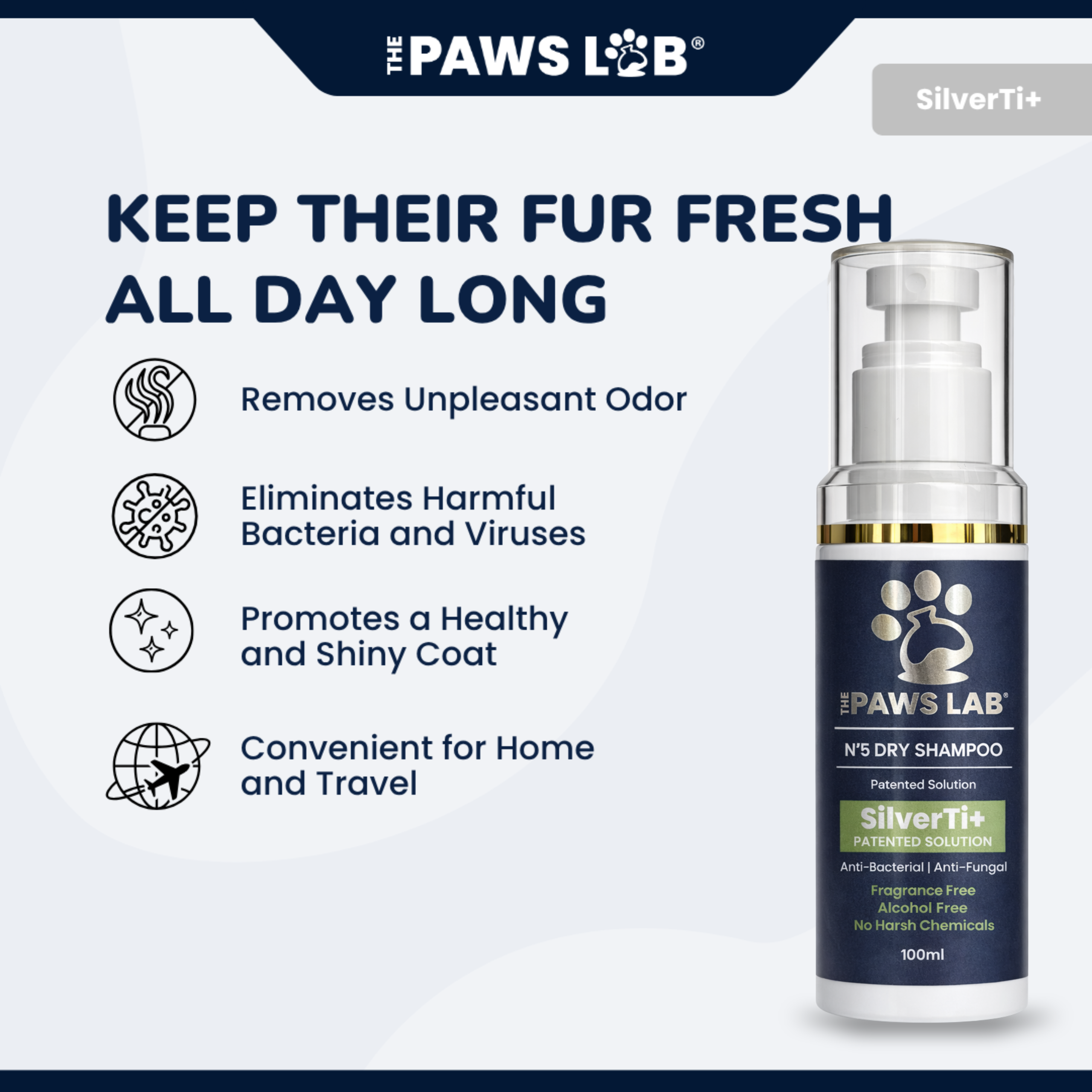 Gentle alcohol-free dry shampoo spray suitable for dogs, cats and sensitive skin.