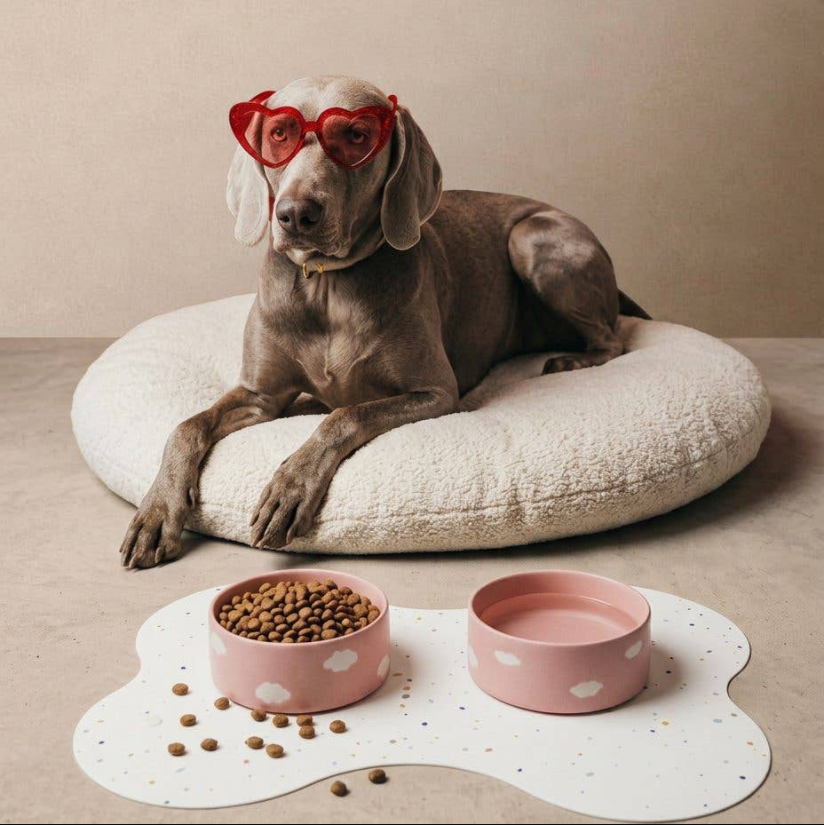 Egg Back Home New Party Bone Placemat White styled beneath dog bowls