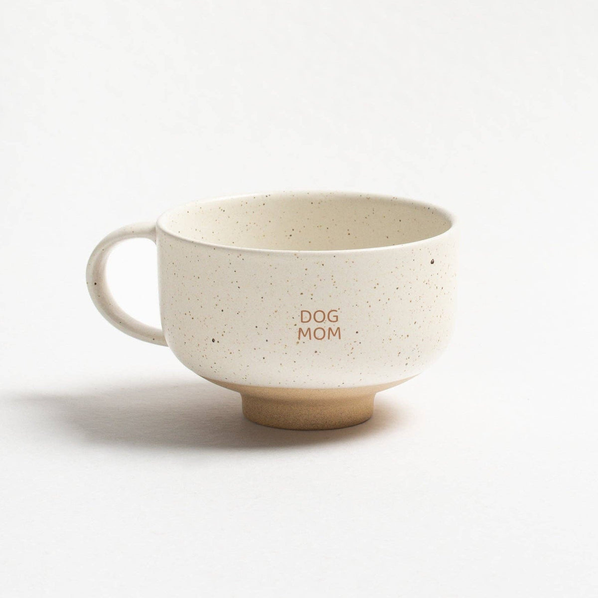 Egg Back Home Caelum Dog Mom handcrafted stoneware mug in speckled white.