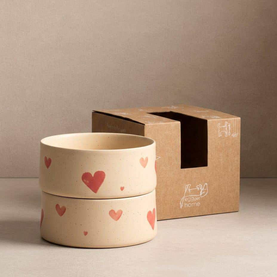 Heart pattern detail on the Egg Back Home Cozy Hearts Stoneware Pet Bowl
