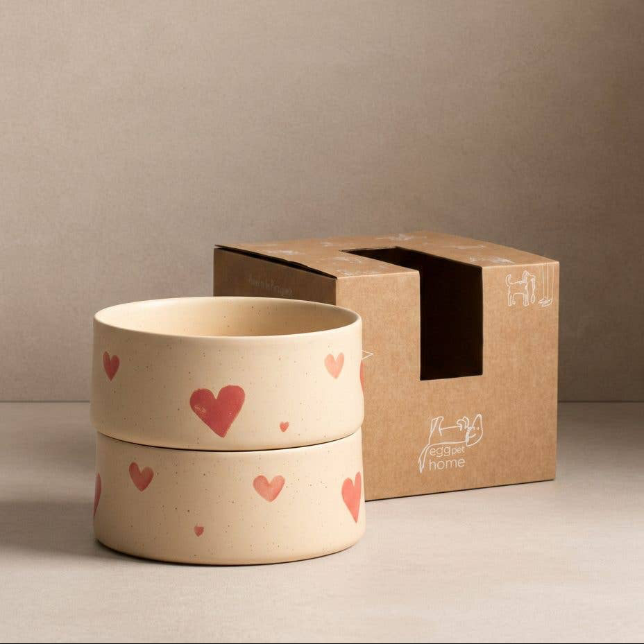 Heart pattern detail on the Egg Back Home Cozy Hearts Stoneware Pet Bowl
