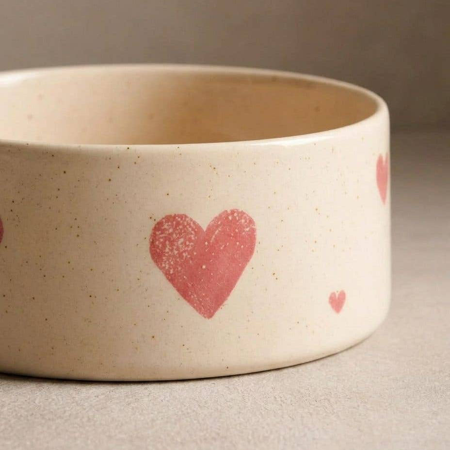 Front view of the Egg Back Home Cozy Hearts Stoneware Pet Bowl 16.5cm Set of 2