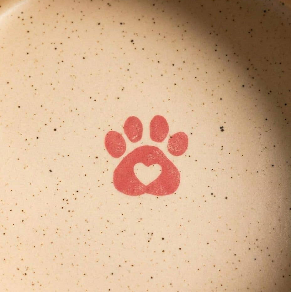 Side view of the handmade Egg Back Home Cozy Hearts pet bowl set