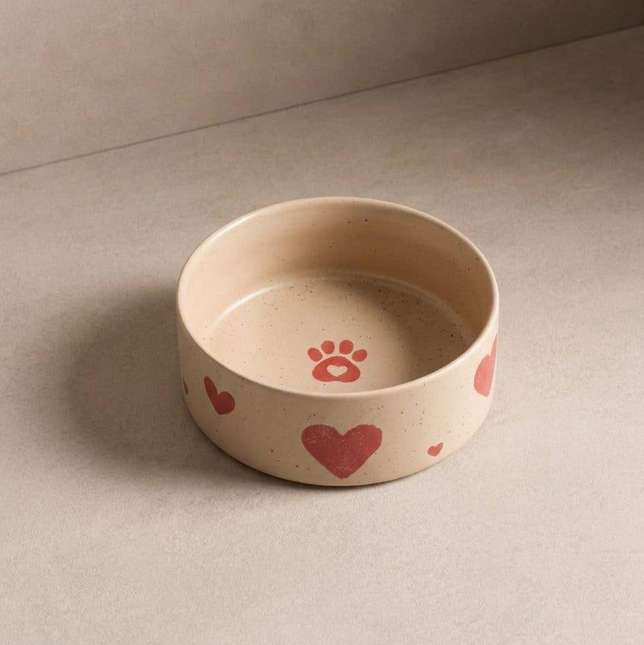 Front view of the Egg Back Home Cozy Hearts Stoneware Pet Bowl 14cm Set of 2