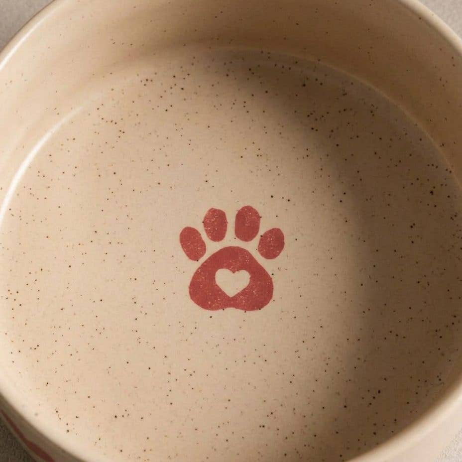 Side view of the handmade Egg Back Home Cozy Hearts pet bowl set