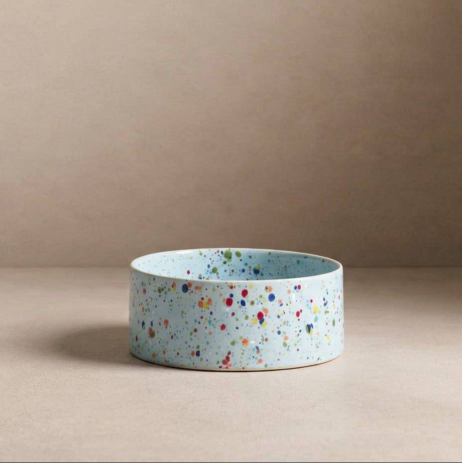 Dog eating from the Egg Back Home New Party Pet Bowl Set of 2 Soft Blue