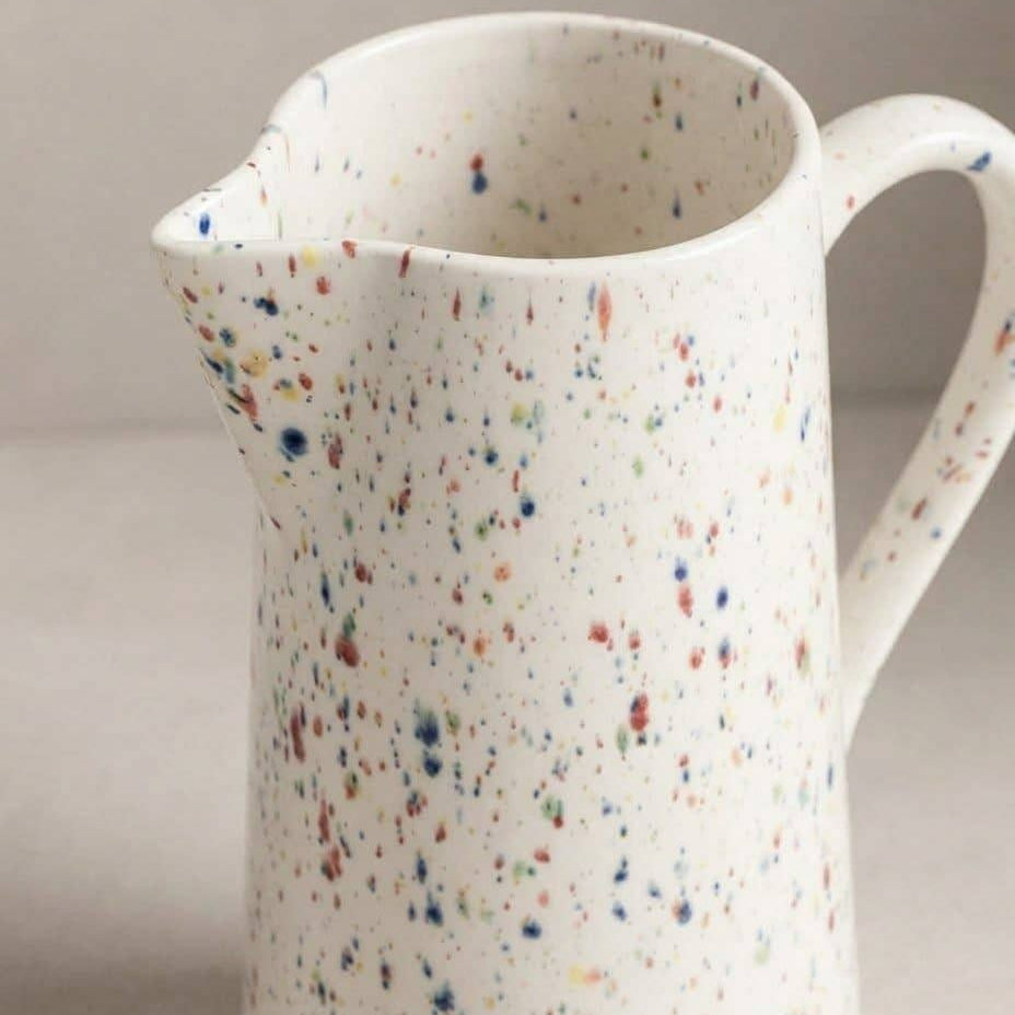 Egg Back Home handcrafted Portuguese stoneware pitcher in white and multicolour.