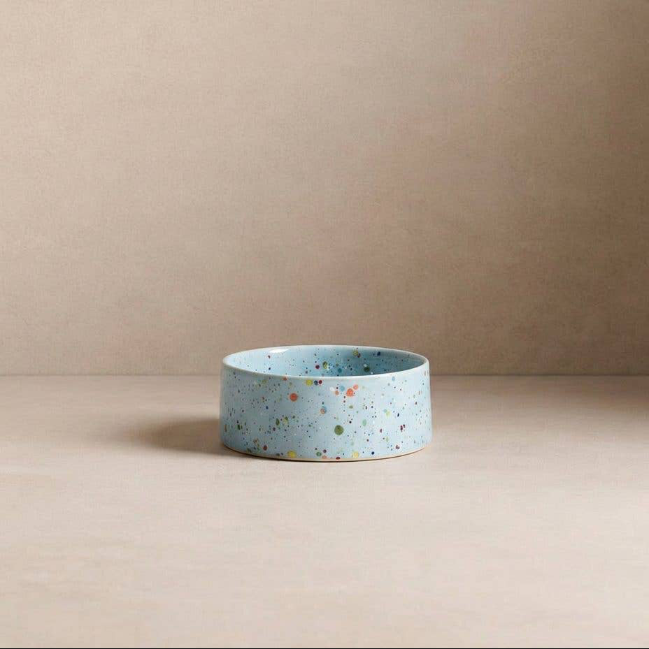 Dog eating from the Egg Back Home New Party Stoneware Pet Bowl Set of 2 Soft Blue