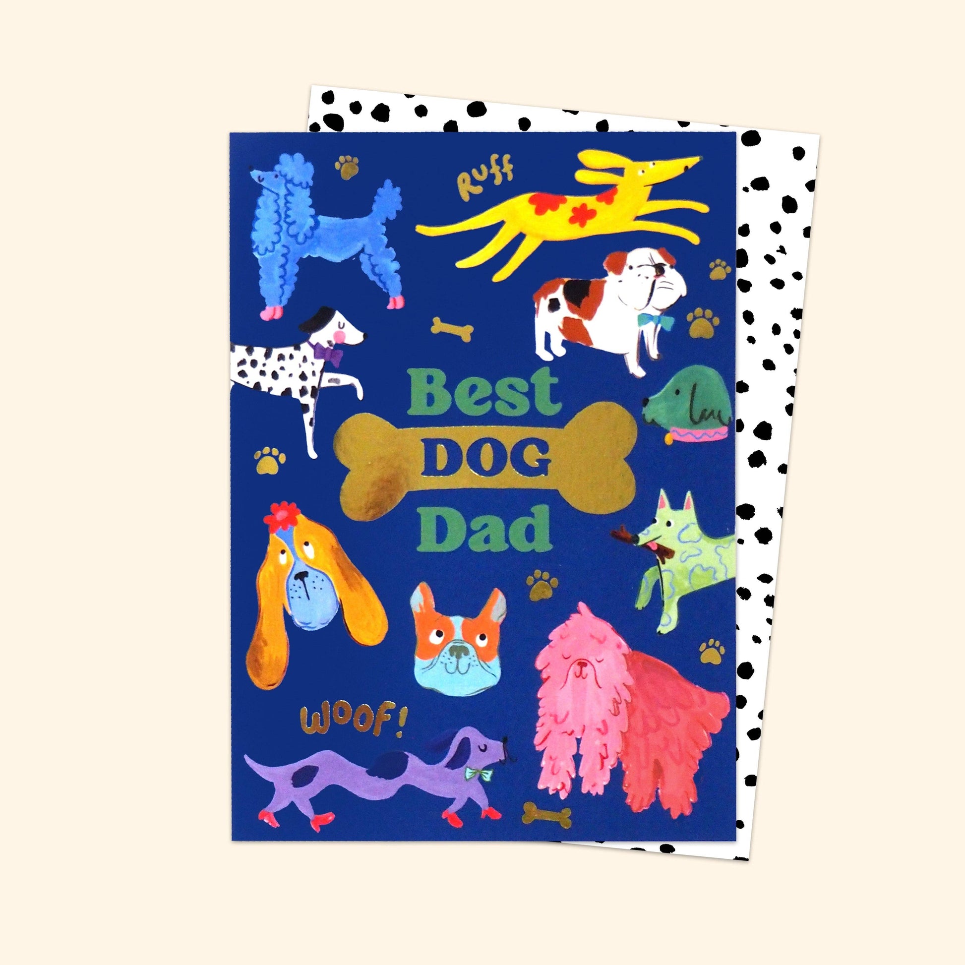 Eleanor Bowmer Best Dog Dad greetings card with colourful dog illustrations and gold foil detail.