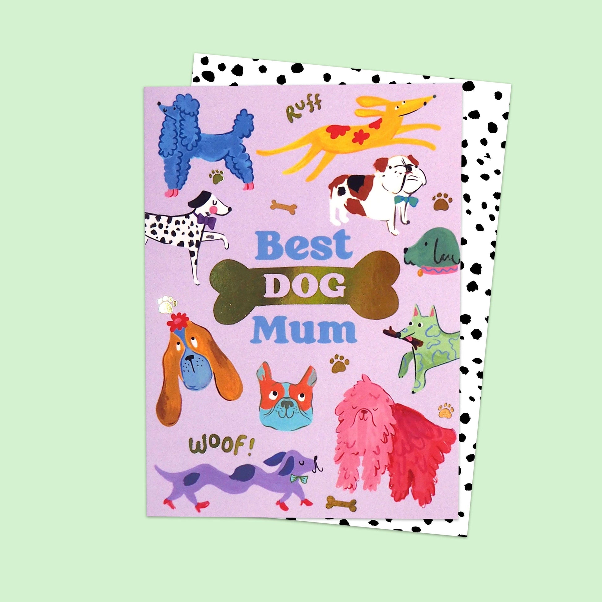 Premium greetings card celebrating dog mums with playful illustrated dogs.