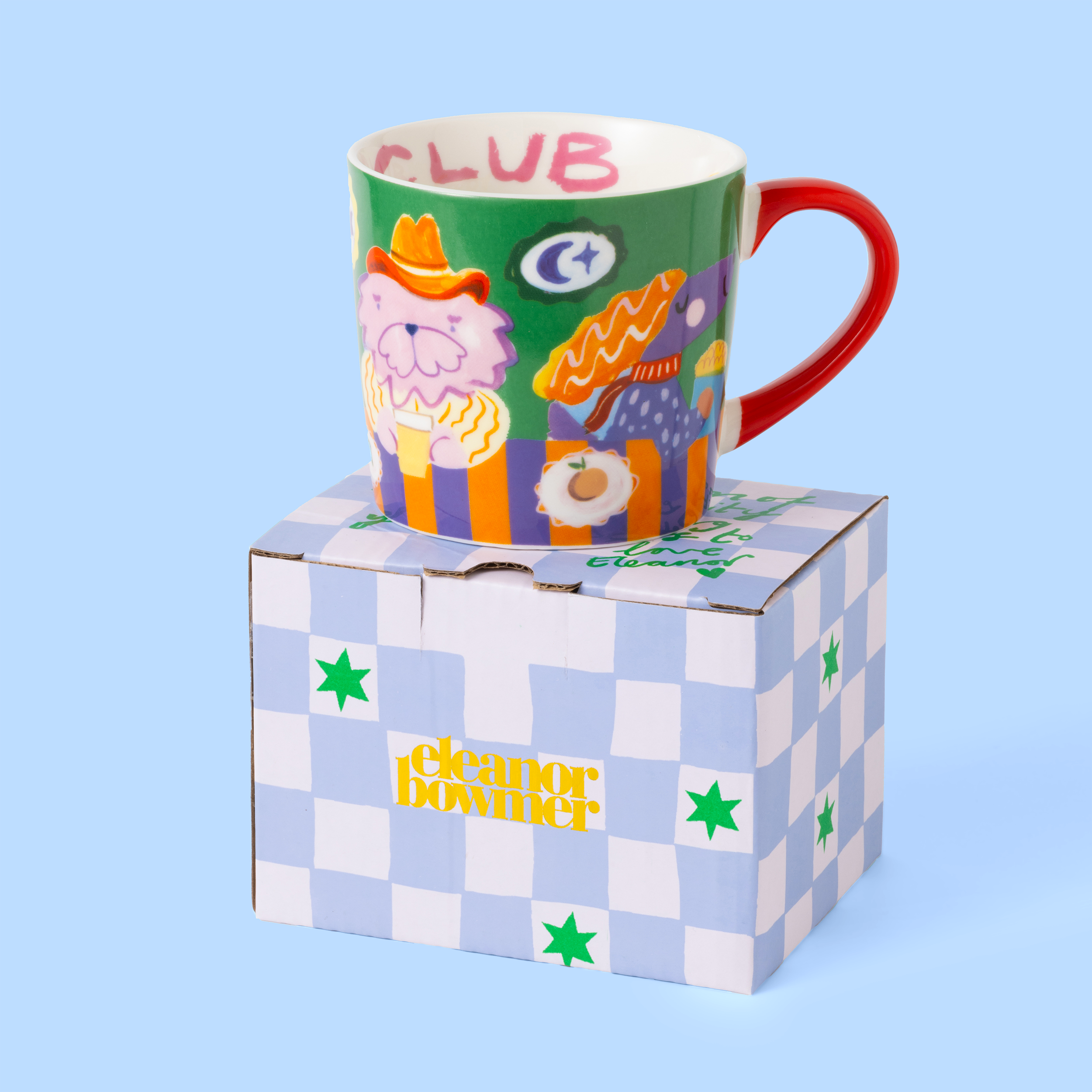 Eleanor Bowmer Cool Dog Club mug featuring four stylish dogs in colourful jumpers.