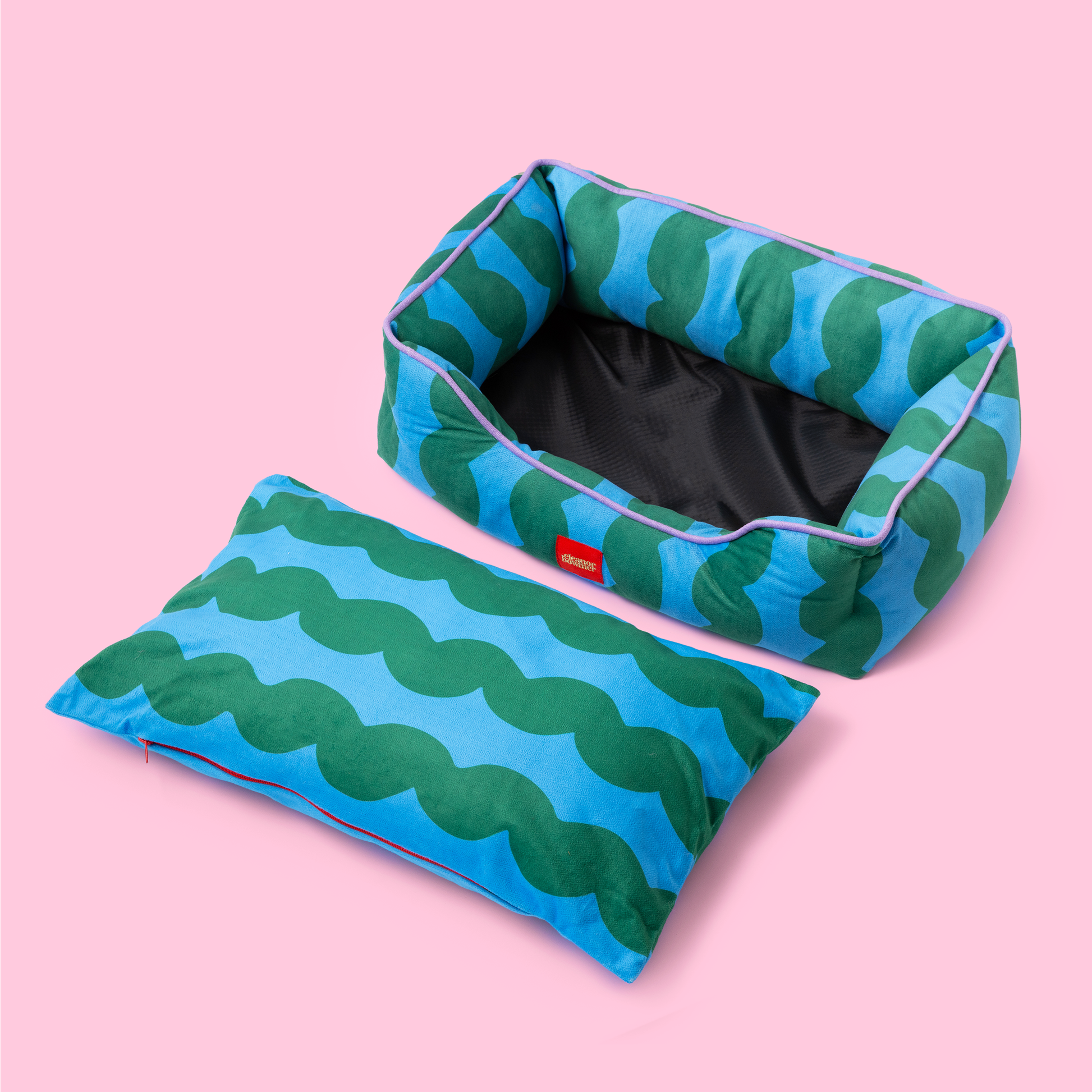 Eleanor Bowmer Wavy Stripe Basket Pet Bed with colourful striped design and raised padded sides. @bell&beau