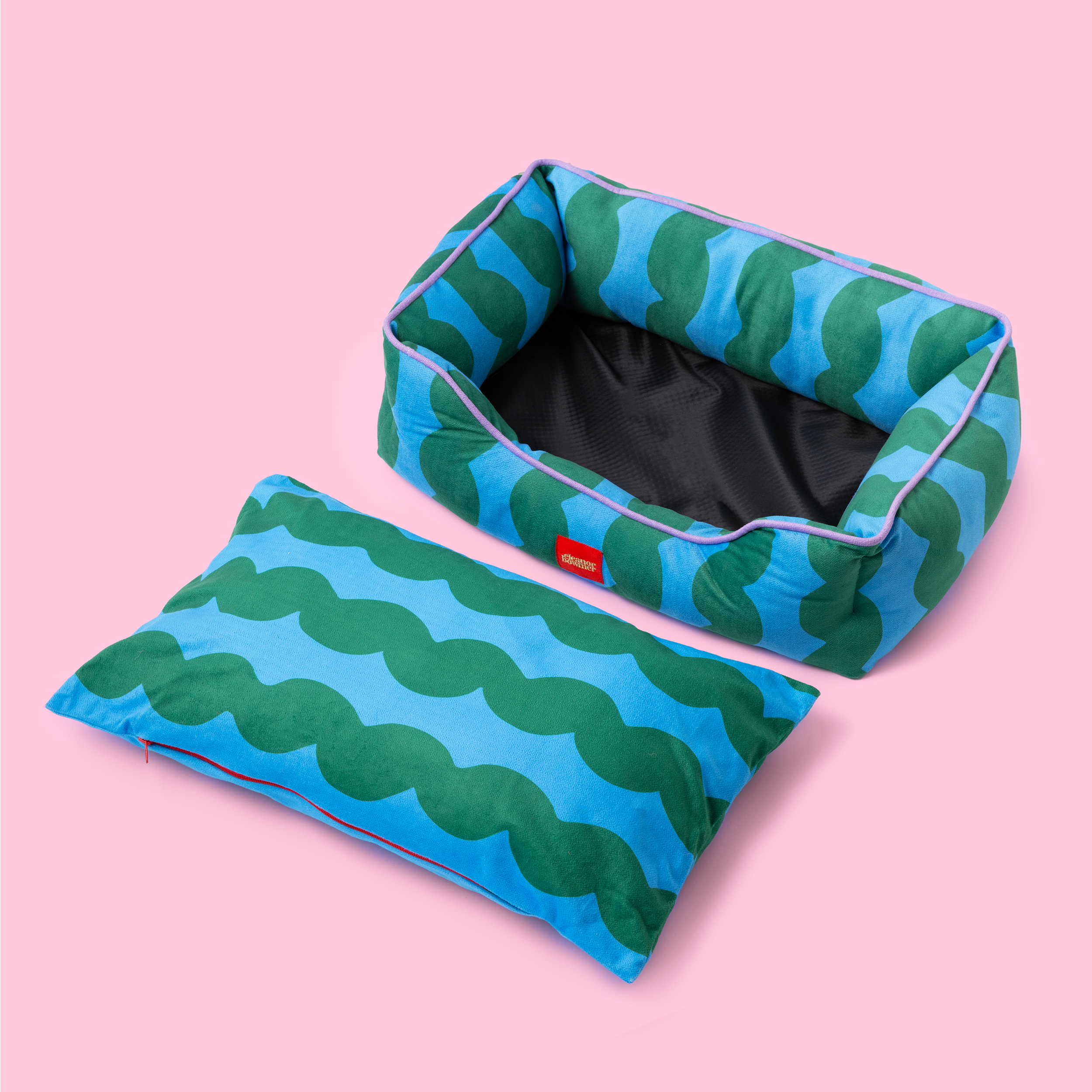 Eleanor Bowmer Wavy Stripe Basket Pet Bed with colourful striped design and raised padded sides. @bell&beau