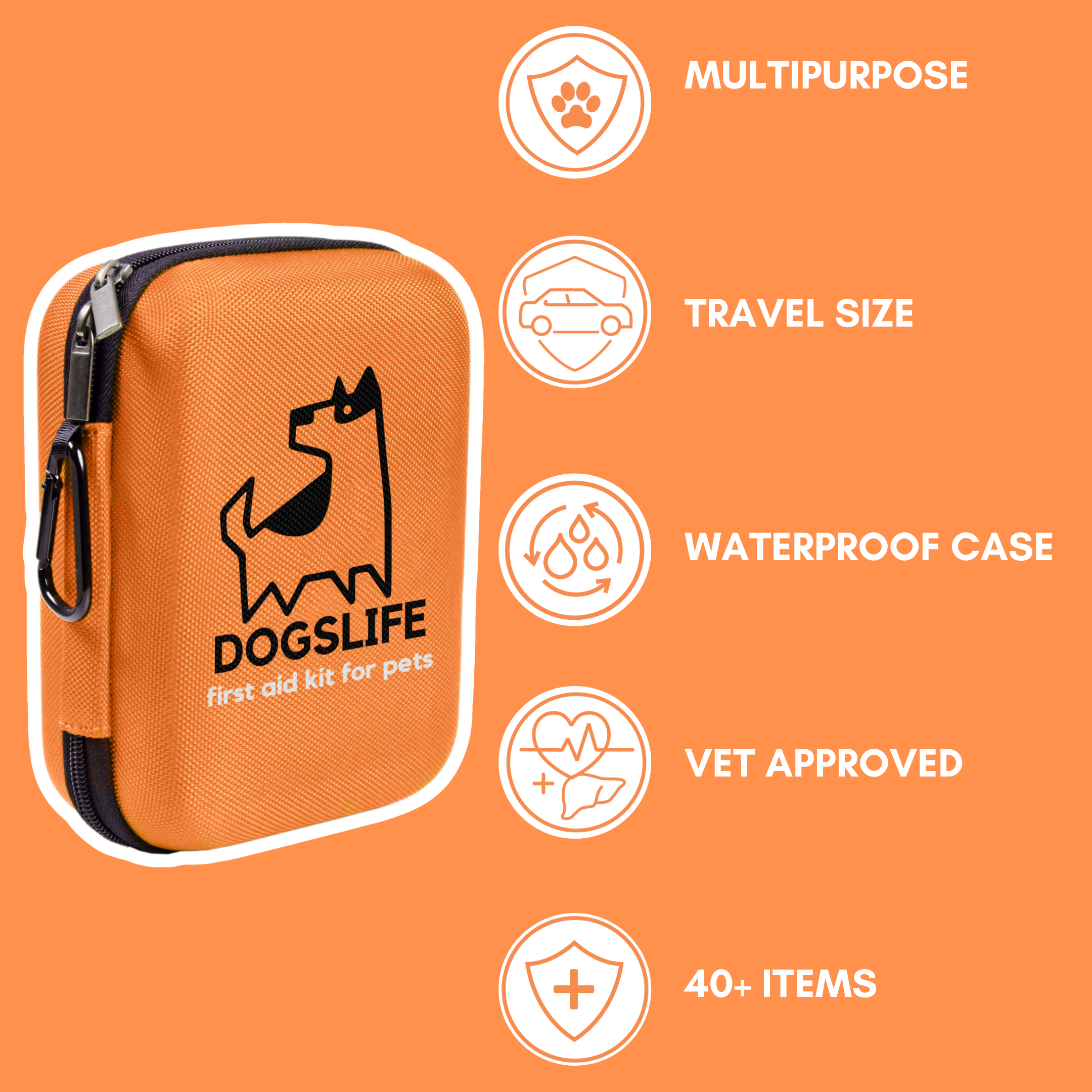 Orange first aid kit for pets with 'Dogslife' branding on an orange background