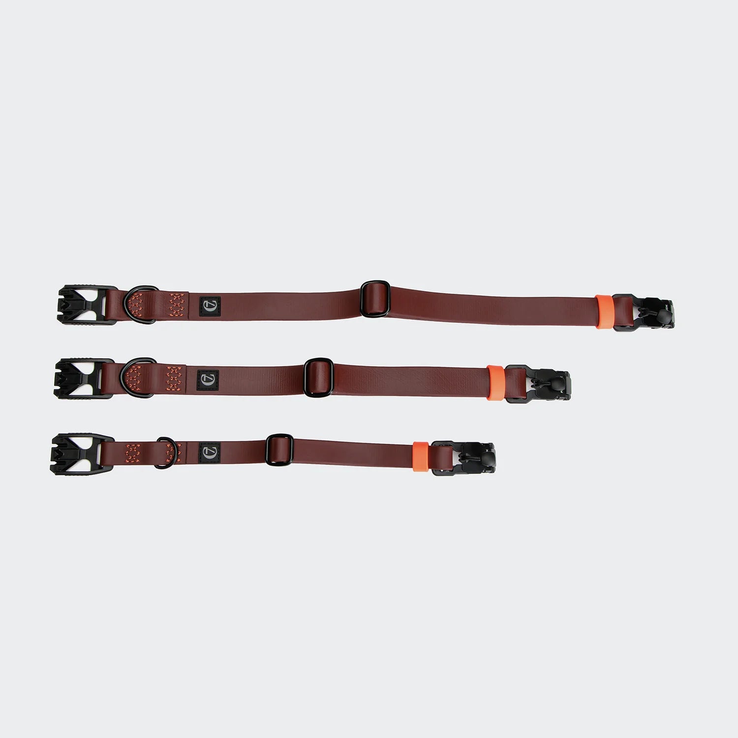 Three brown dog collars with black buckles on a light gray background