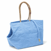 Blue tote bag with rope handles on a white background