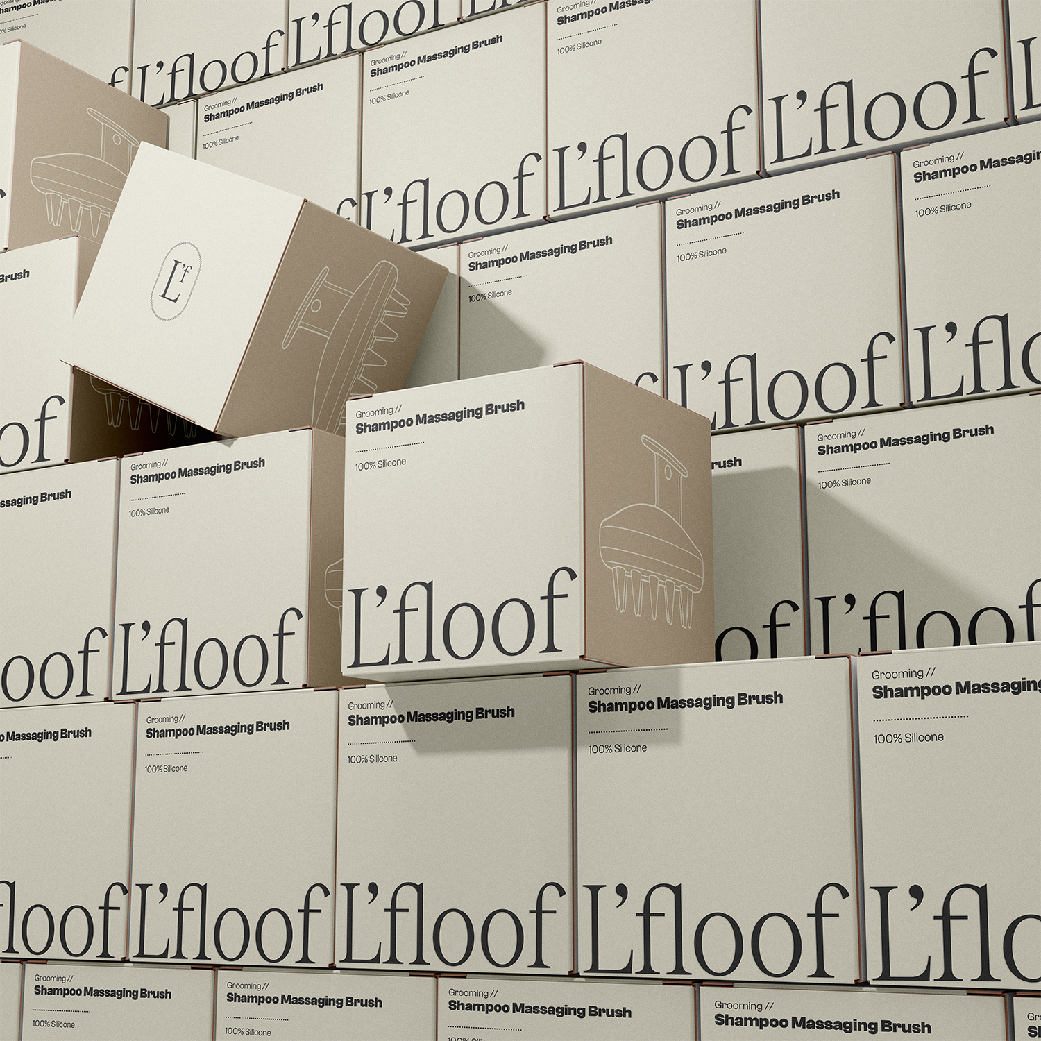 Multiple boxes of L'floof Shampoo Massaging Brush stacked against a branded background.