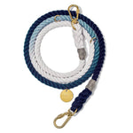 Nautical-style dog leash with blue, white, and gray colors on a white background