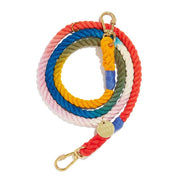 Colorful braided rope dog leash with a gold clasp on a white background