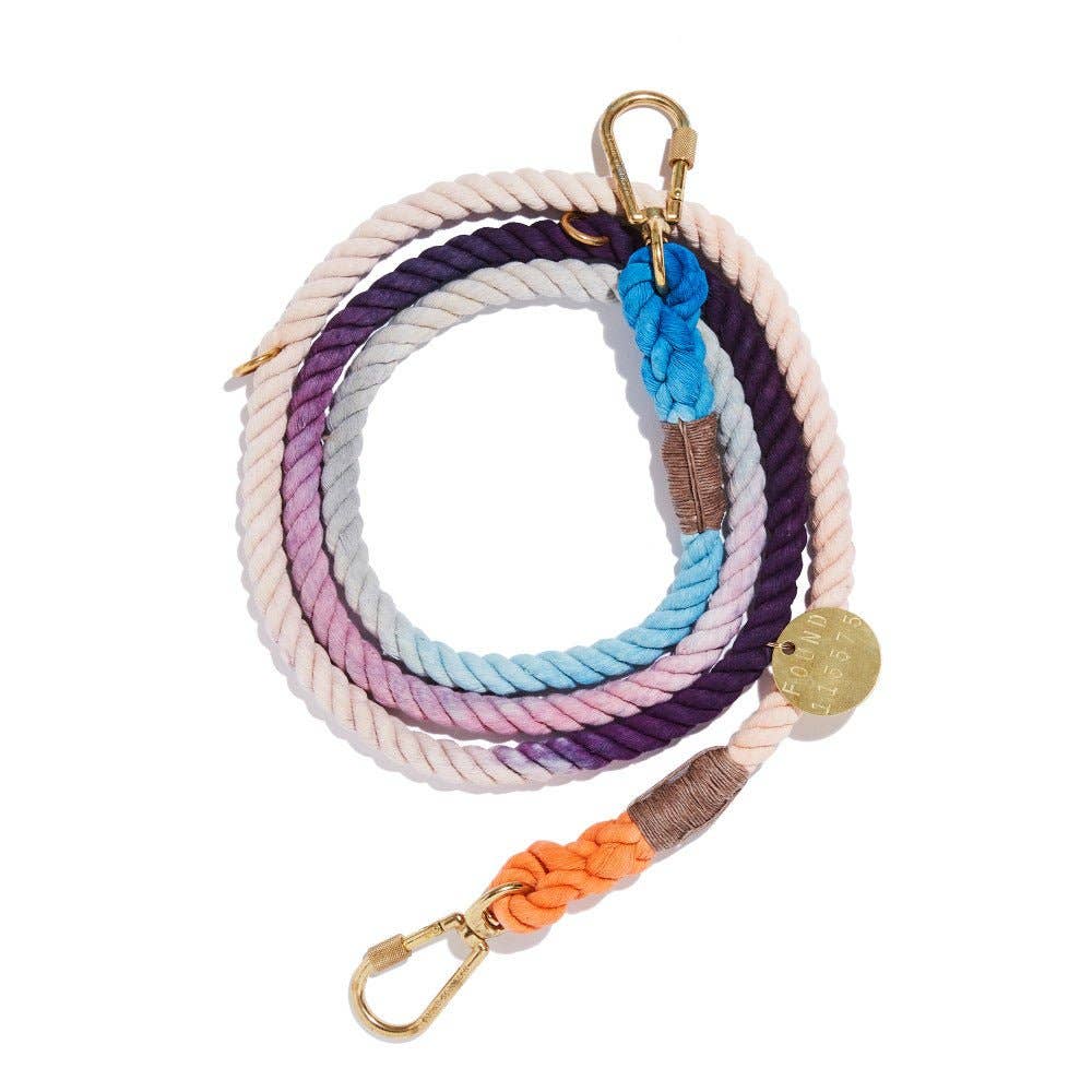 Colorful braided leash with gold clasp on a white background