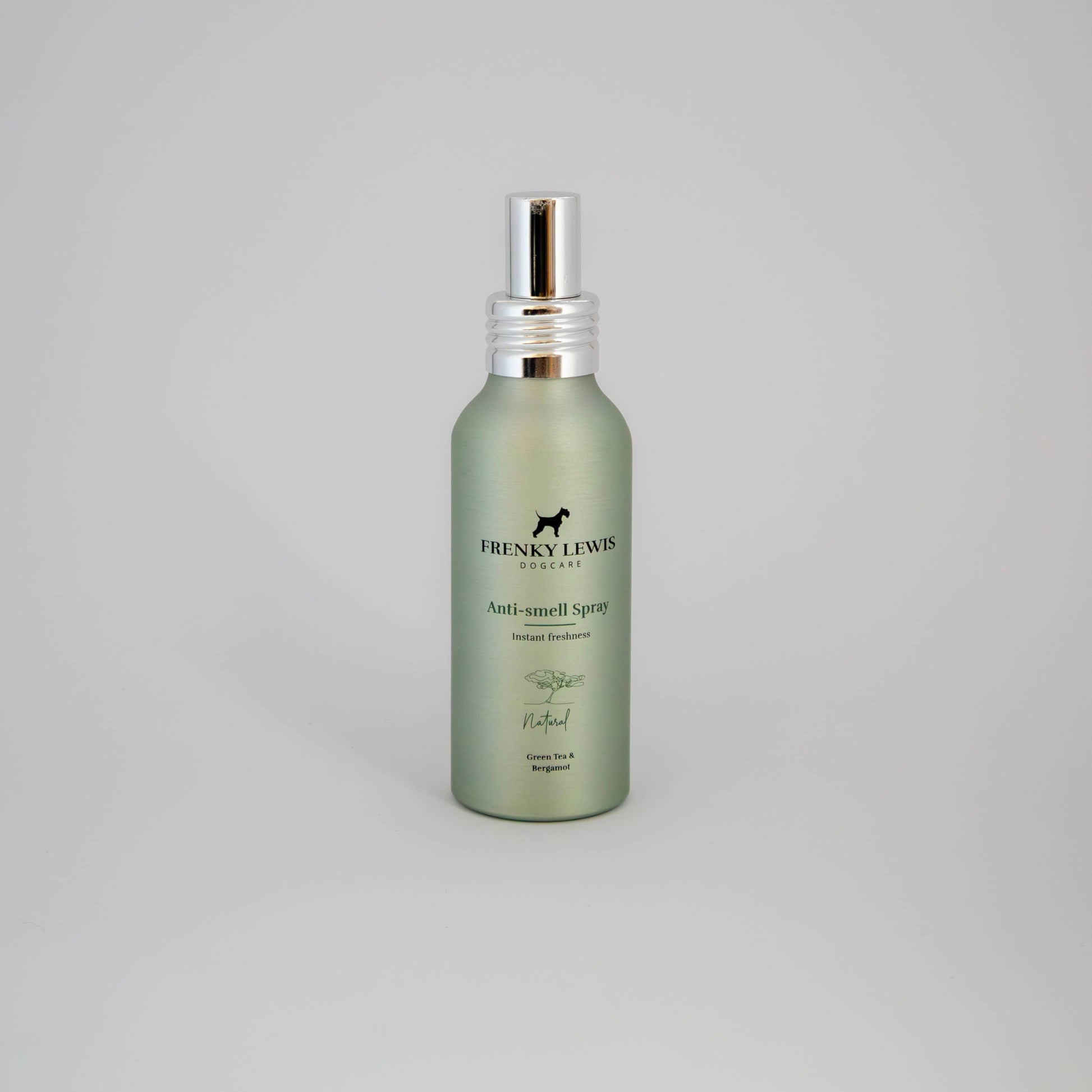 Frenky Lewis Anti-Smell Spray for dogs with Green Tea and Bergamot fragrance in a 100ml recyclable aluminium bottle.