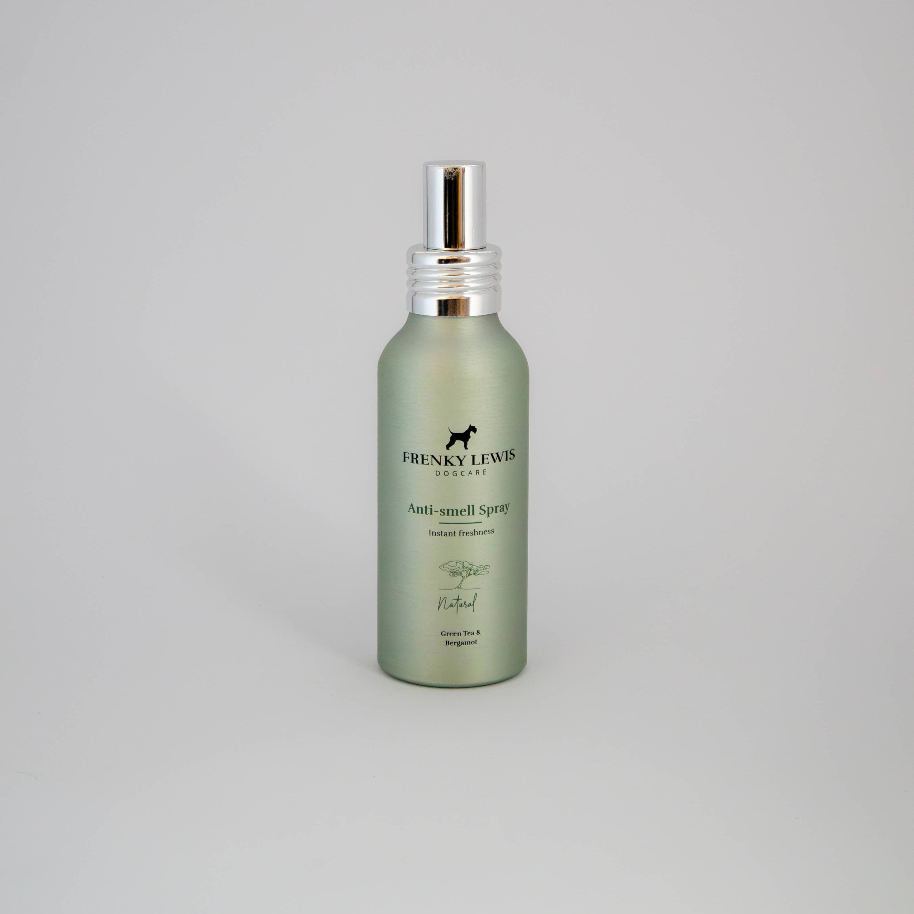 Frenky Lewis Anti-Smell Spray for dogs with Green Tea and Bergamot fragrance in a 100ml recyclable aluminium bottle.