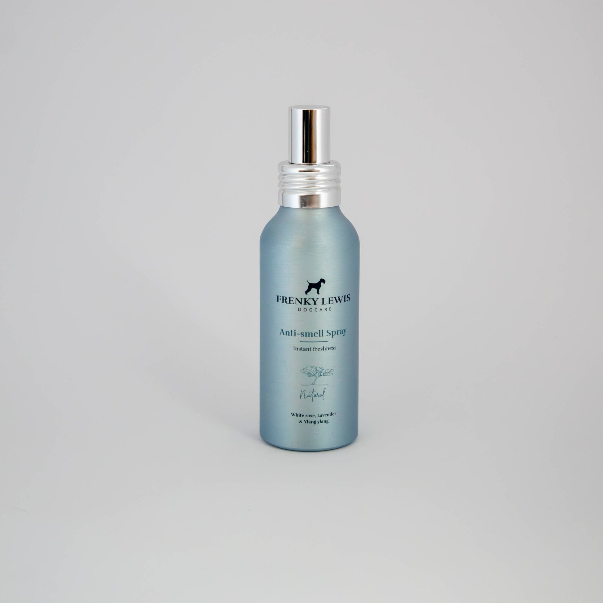 Frenky Lewis Anti-Smell Spray for dogs with White Rose, Lavender and Ylang Ylang fragrance in a 100ml aluminium bottle.