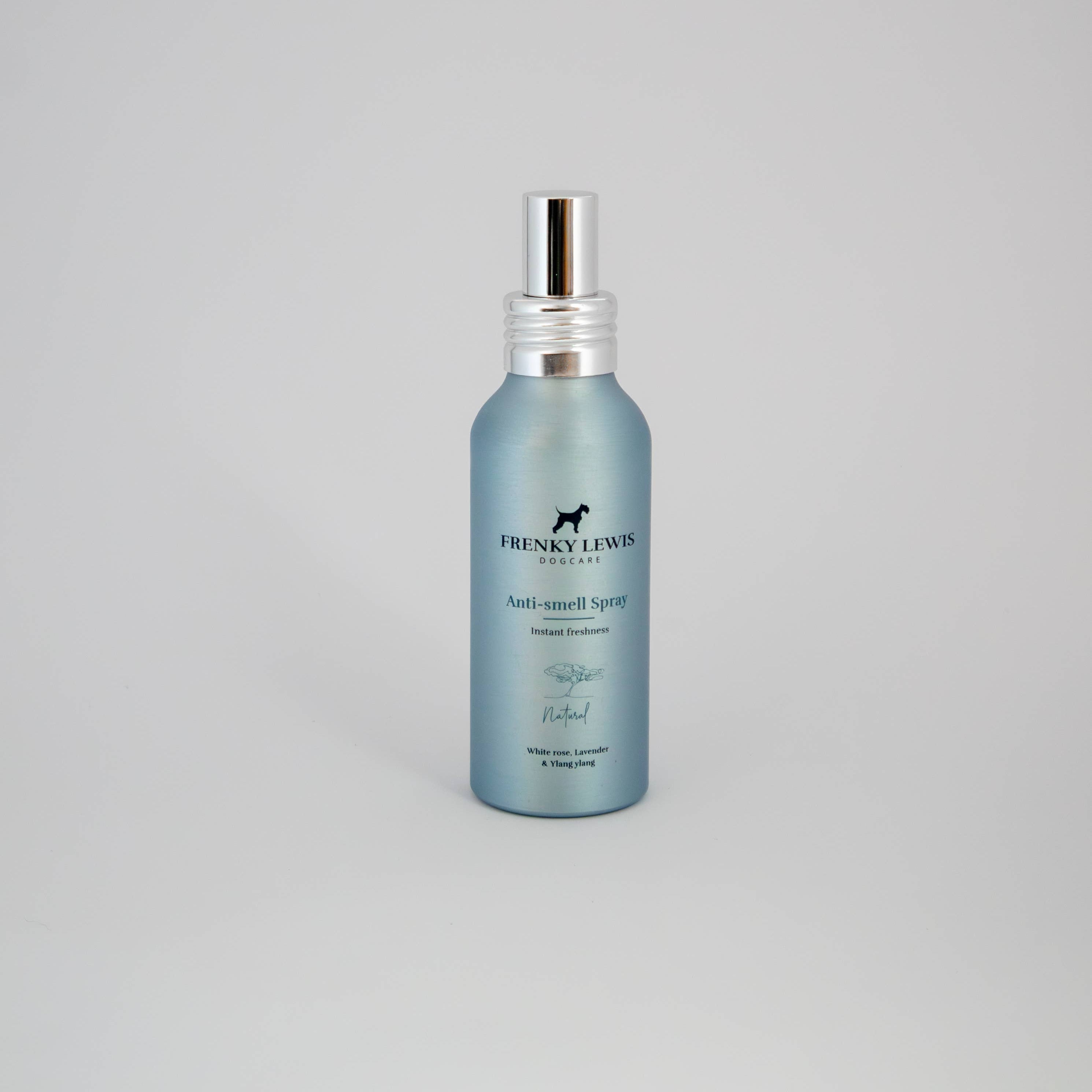Frenky Lewis Anti-Smell Spray for dogs with White Rose, Lavender and Ylang Ylang fragrance in a 100ml aluminium bottle.