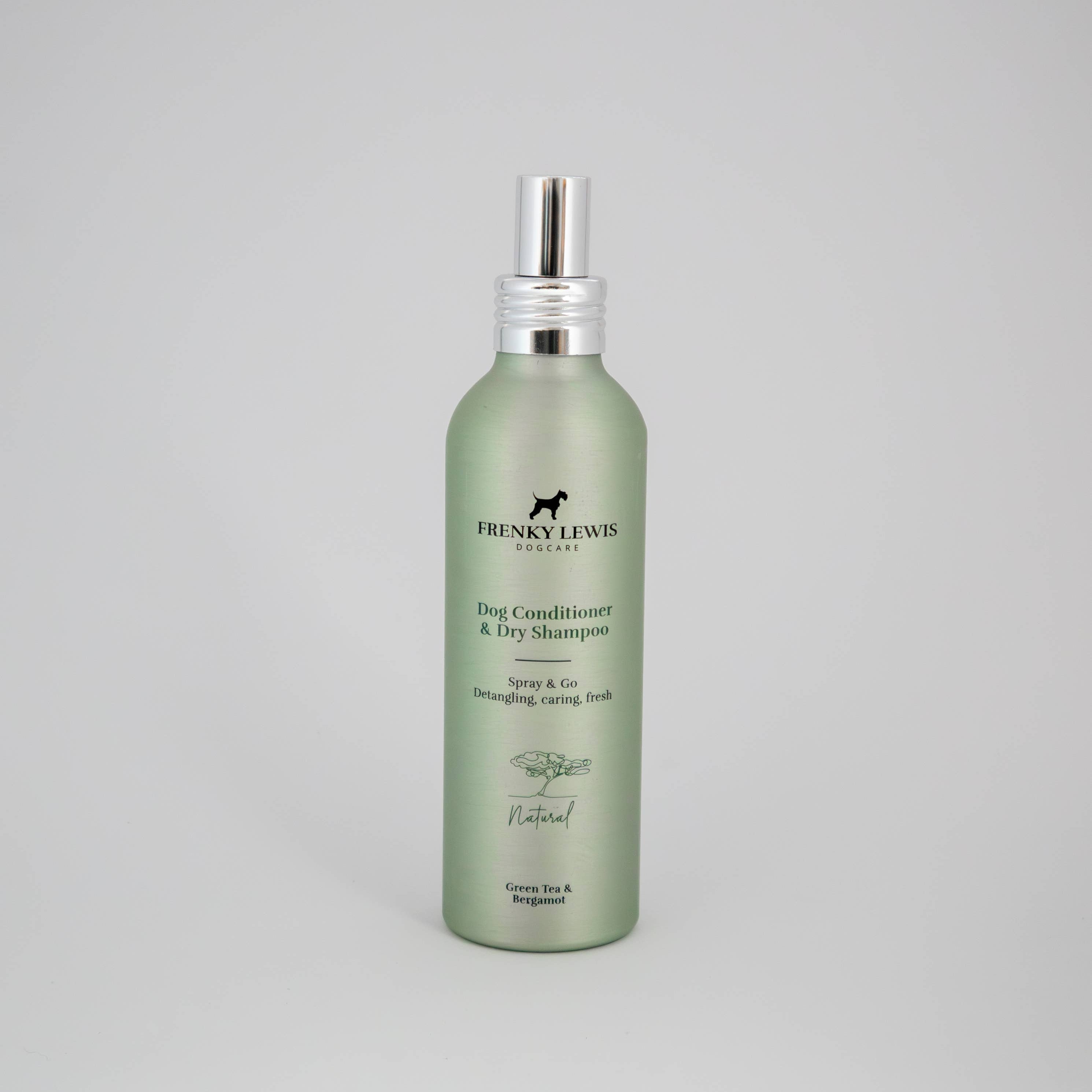Frenky Lewis Natural Dry Shampoo & Conditioner Spray Green Tea & Bergamot in a 150ml recyclable aluminium bottle.