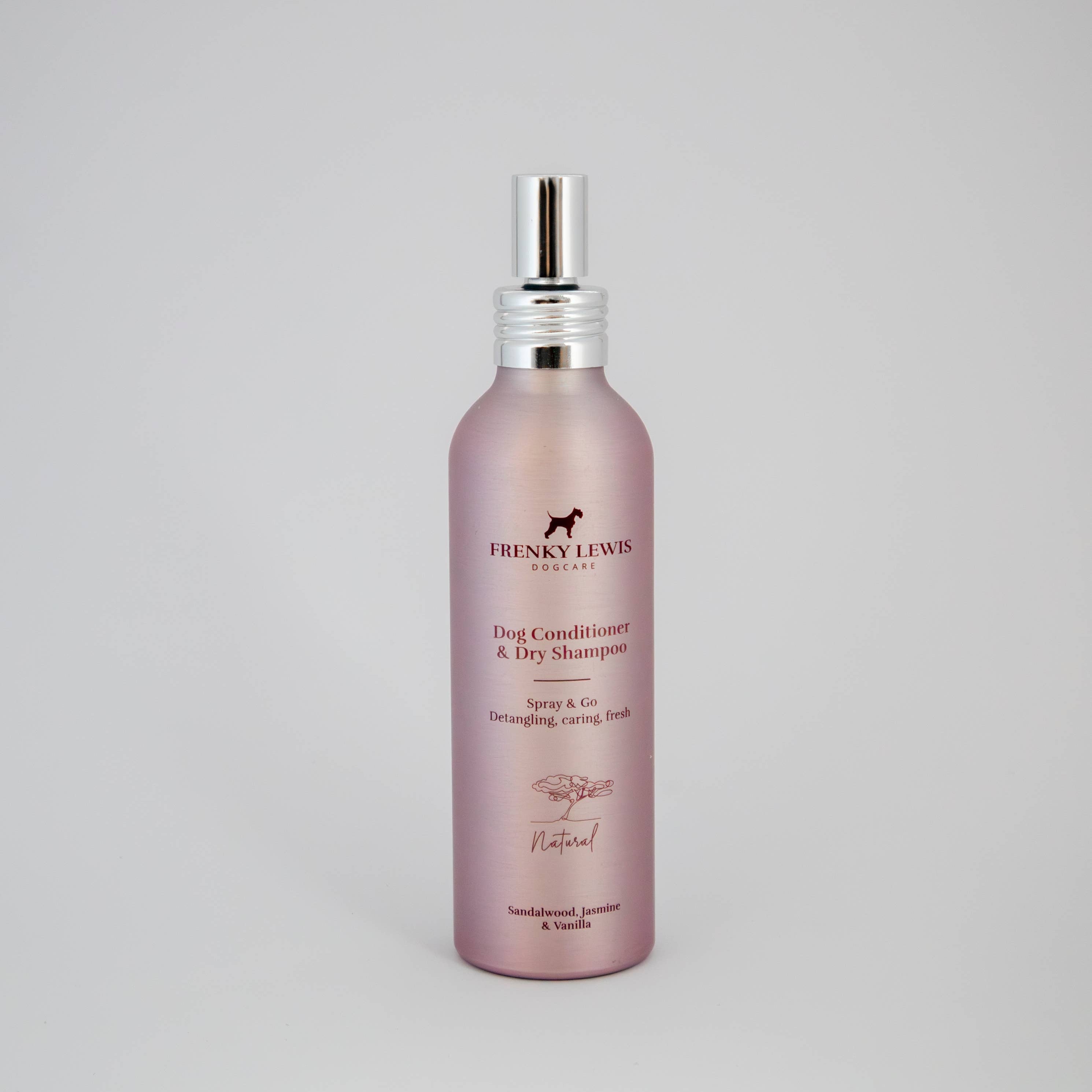 Frenky Lewis Natural Dry Shampoo & Conditioner Spray Sandalwood, Jasmine & Vanilla in a 150ml recyclable aluminium bottle.