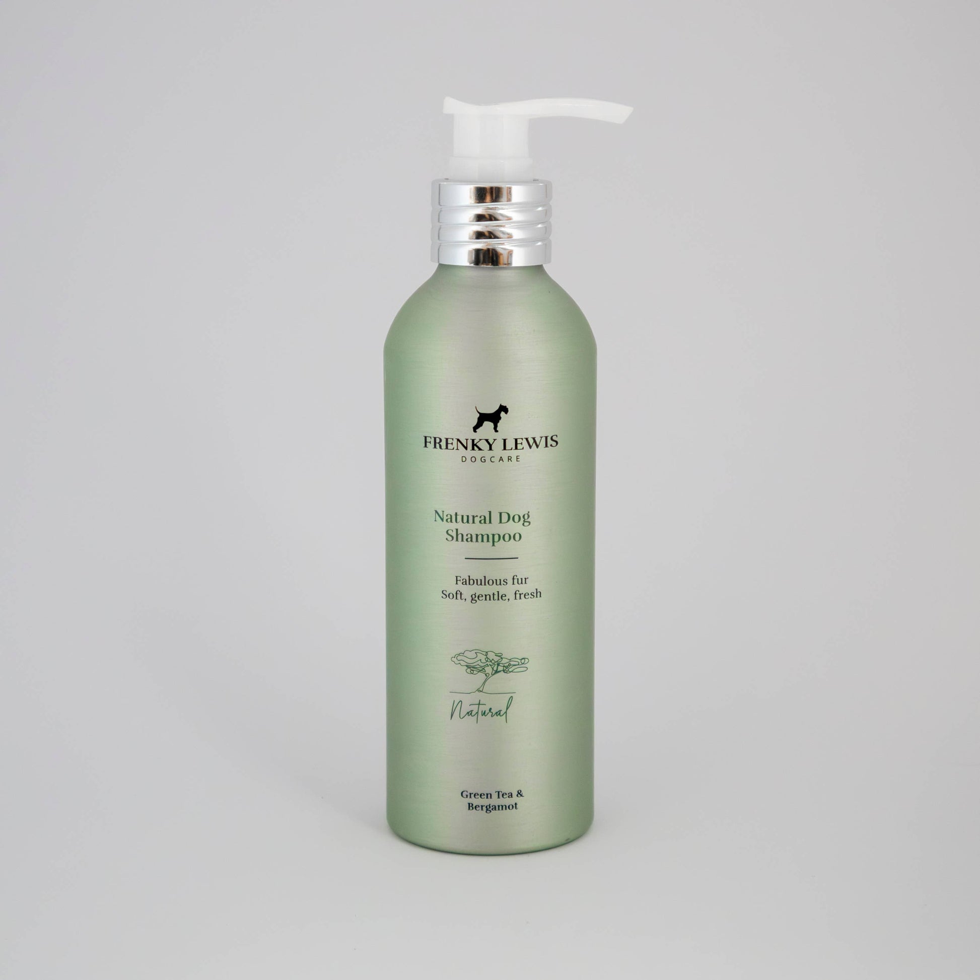 Frenky Lewis Natural Dog Shampoo Green Tea & Bergamot in a 200ml recyclable aluminium bottle.