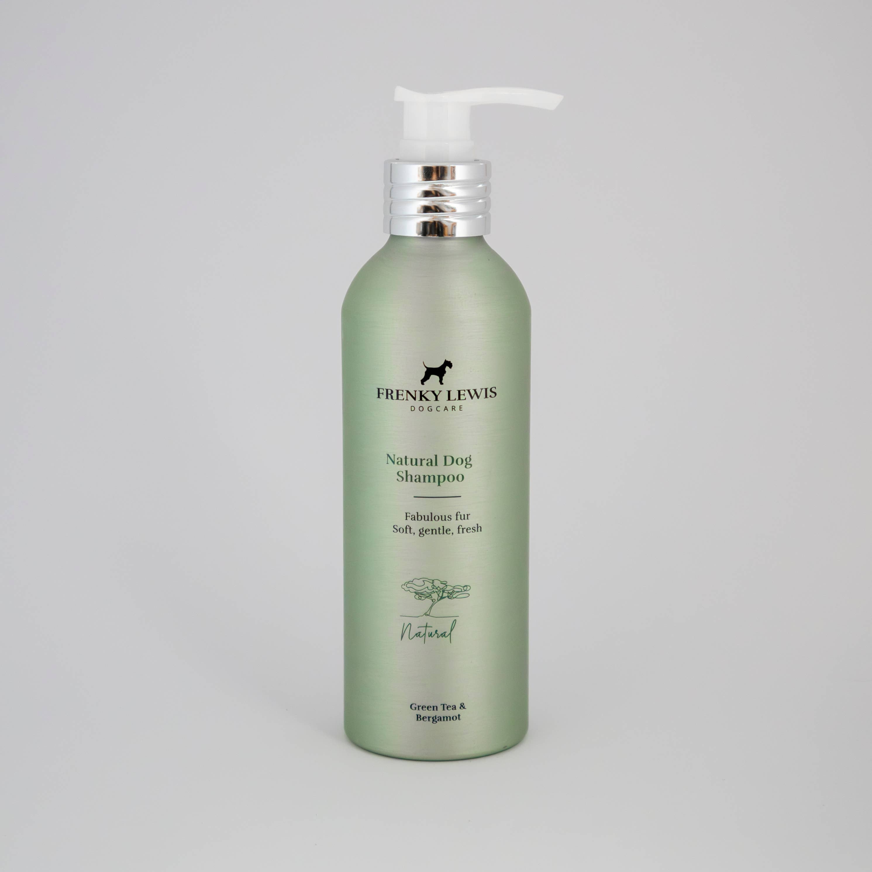 Frenky Lewis Natural Dog Shampoo Green Tea & Bergamot in a 200ml recyclable aluminium bottle.