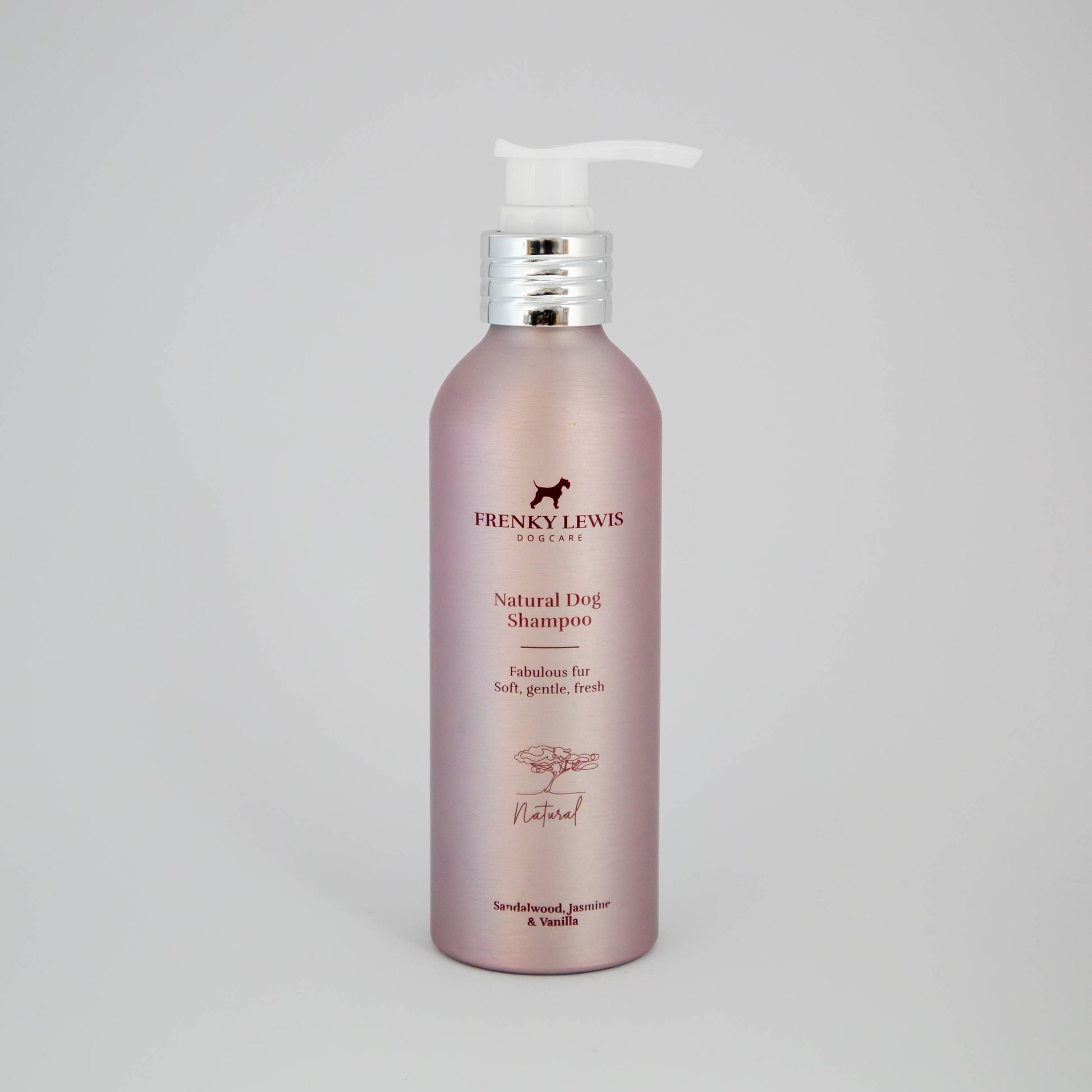 Frenky Lewis Natural Dog Shampoo Sandalwood Jasmine & Vanilla in a 200ml recyclable aluminium bottle.