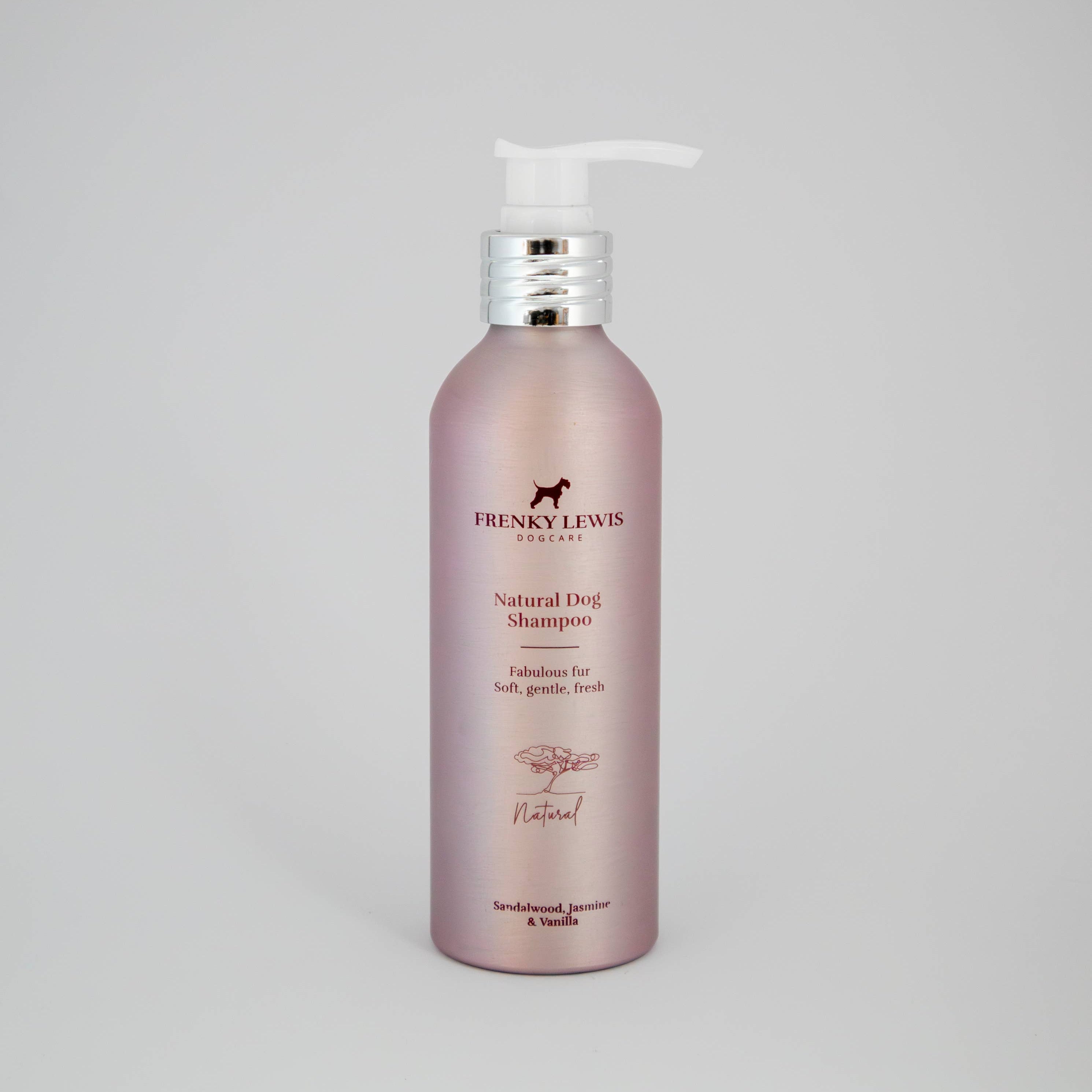 Frenky Lewis Natural Dog Shampoo Sandalwood Jasmine & Vanilla in a 200ml recyclable aluminium bottle.