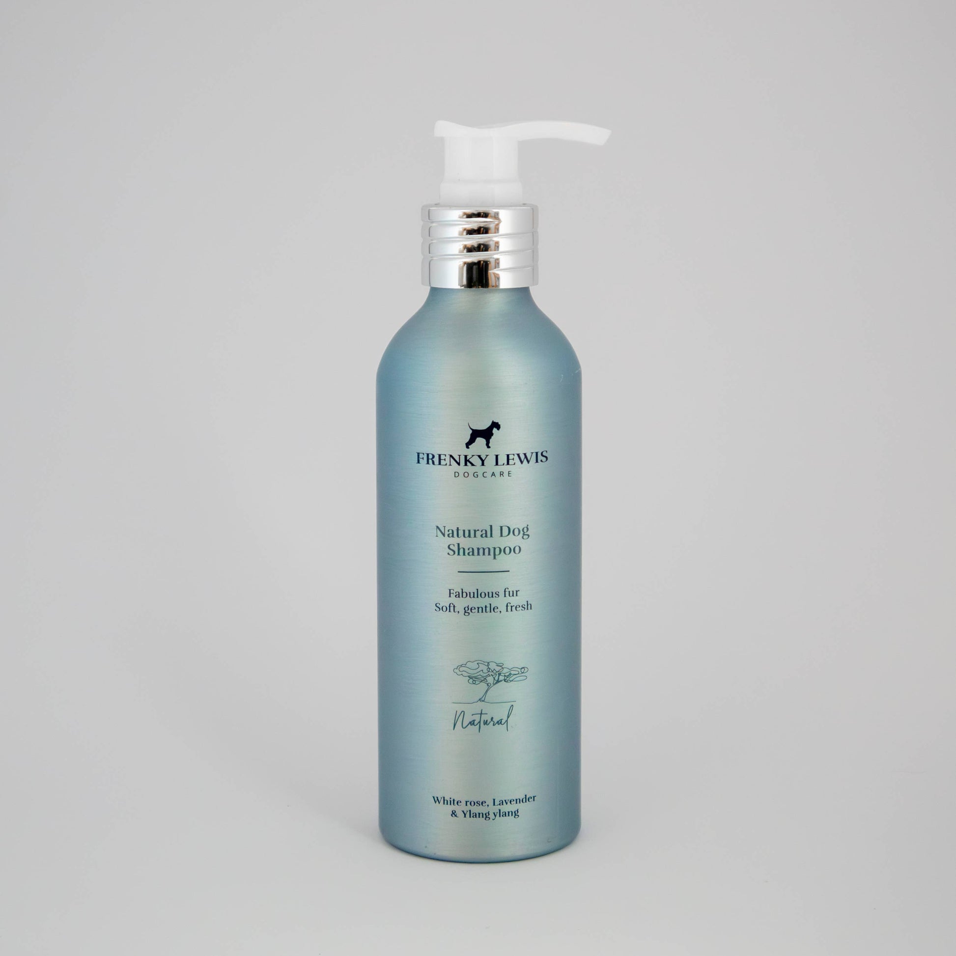 Frenky Lewis Natural Dog Shampoo White Rose, Lavender & Ylang Ylang in a 200ml recyclable aluminium bottle.