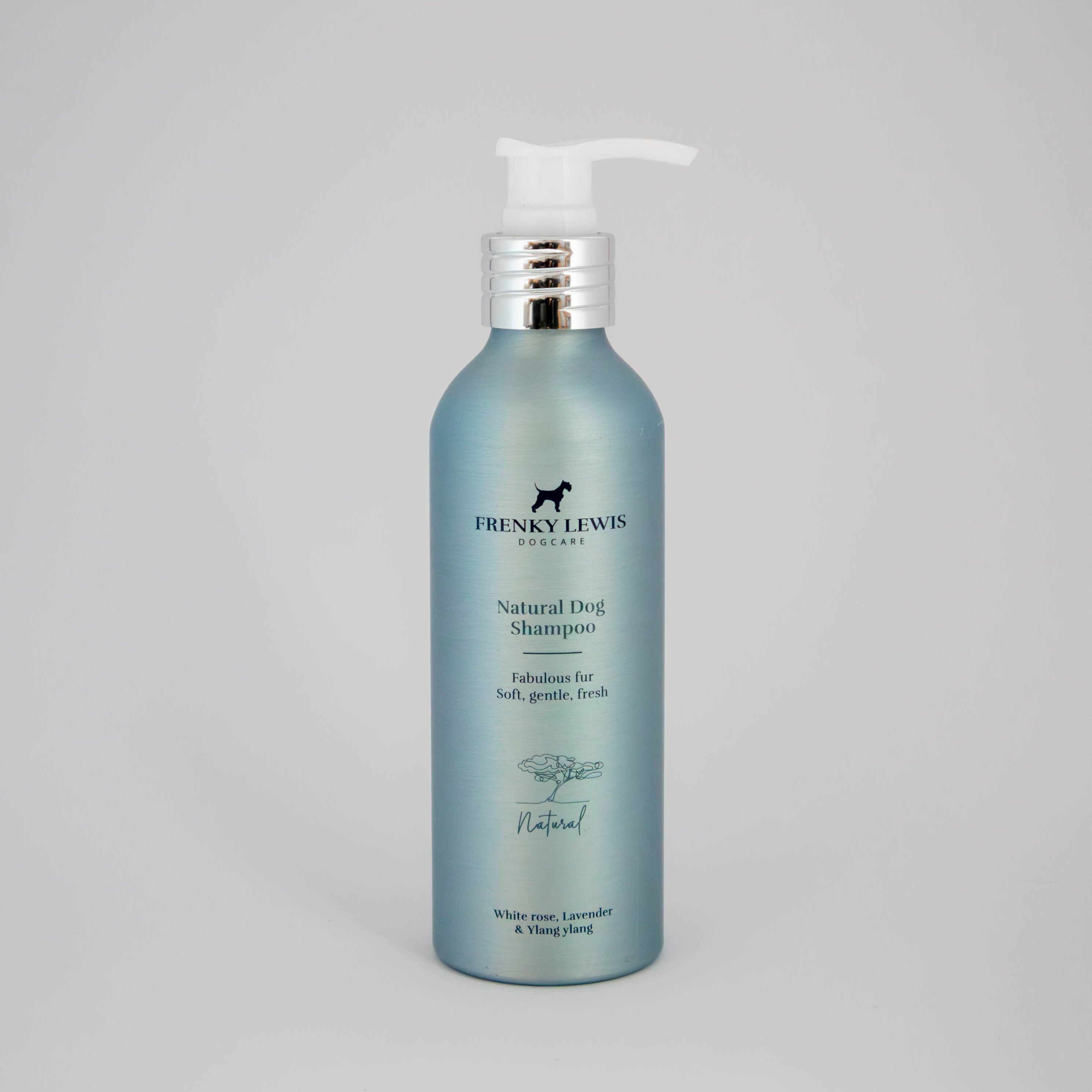 Frenky Lewis Natural Dog Shampoo White Rose, Lavender & Ylang Ylang in a 200ml recyclable aluminium bottle.
