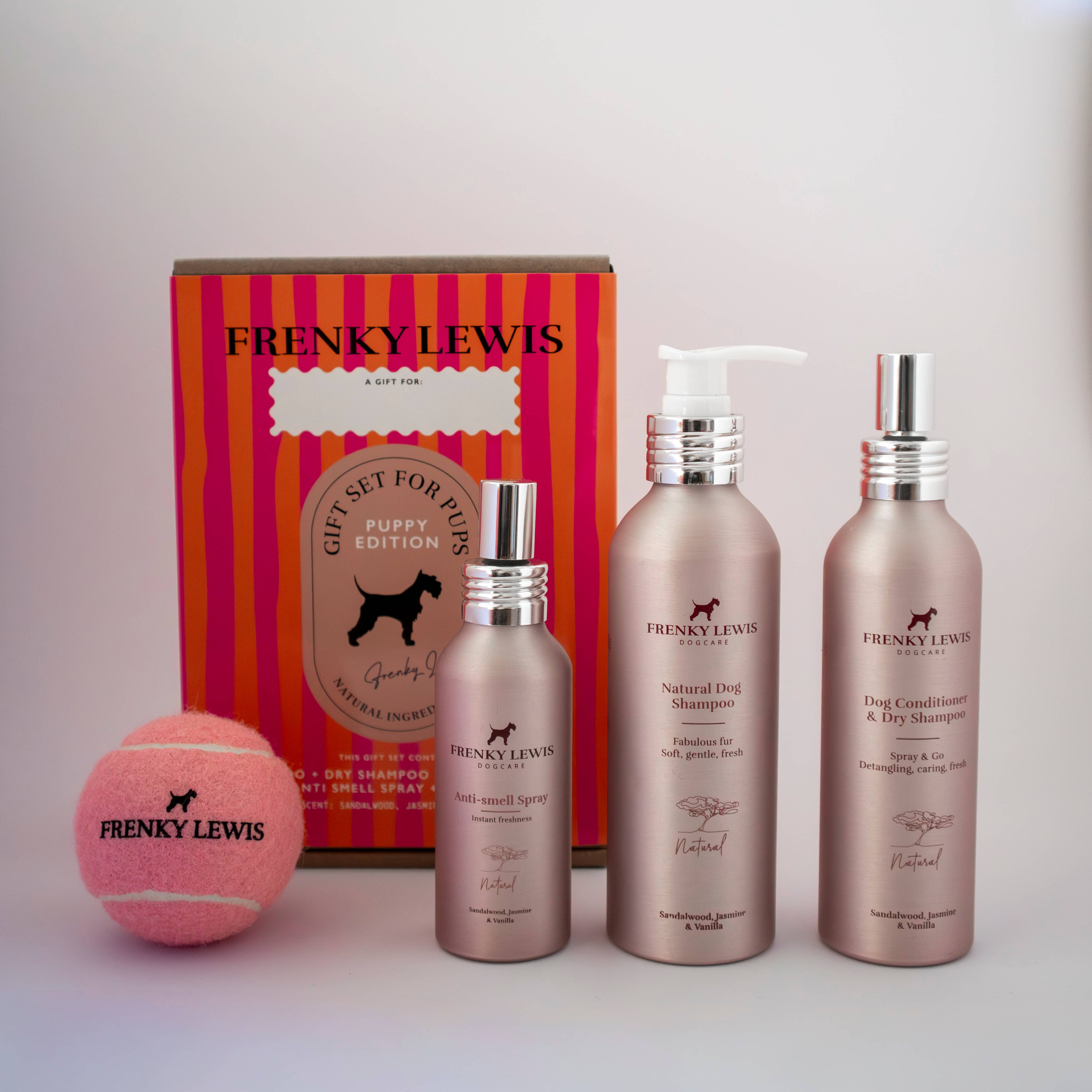 Frenky Lewis Puppy Pack featuring natural puppy shampoo, dry shampoo and conditioner spray, anti-smell spray and dog toy in a luxury gift box.