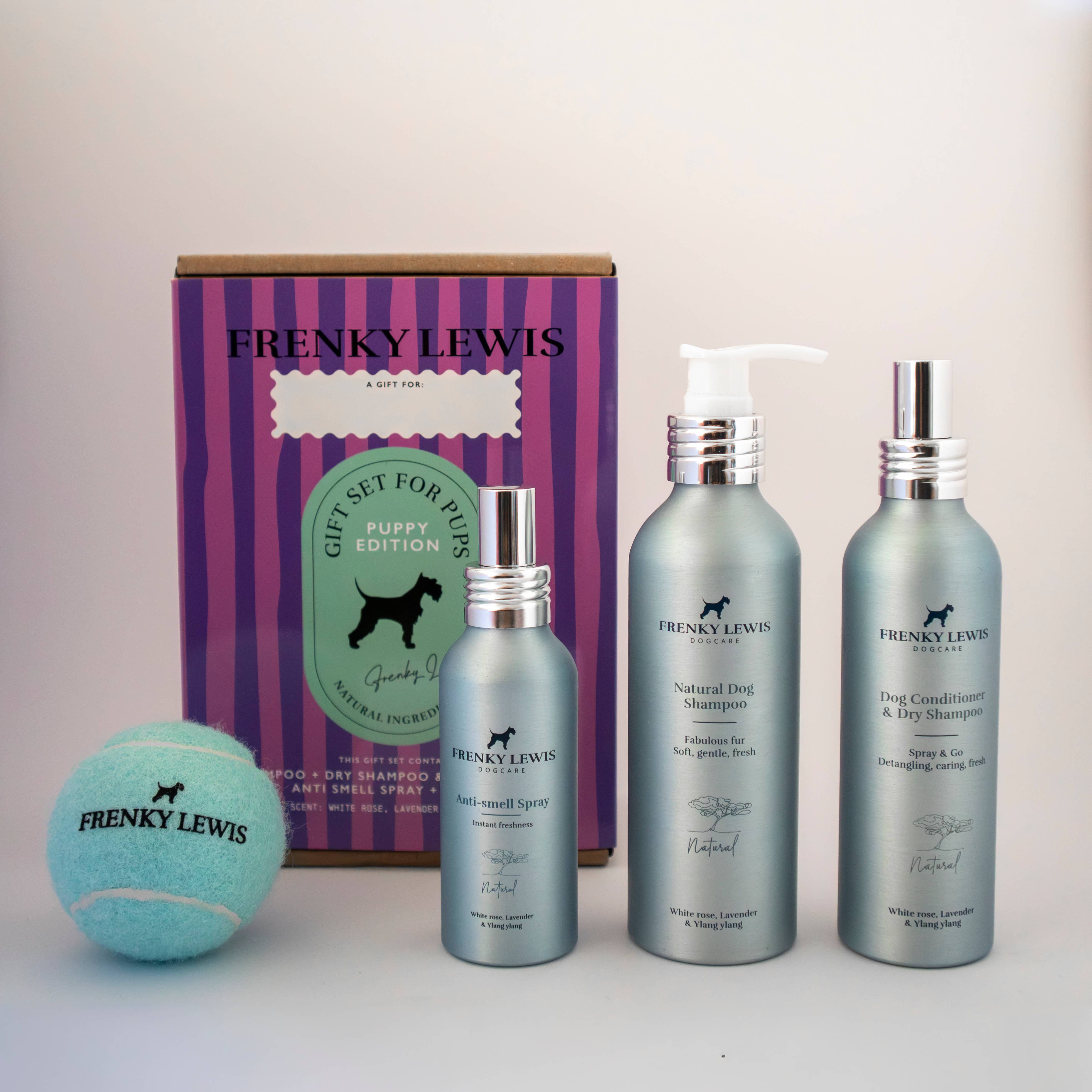 Beautifully packaged puppy grooming gift box with natural grooming essentials for new puppies.