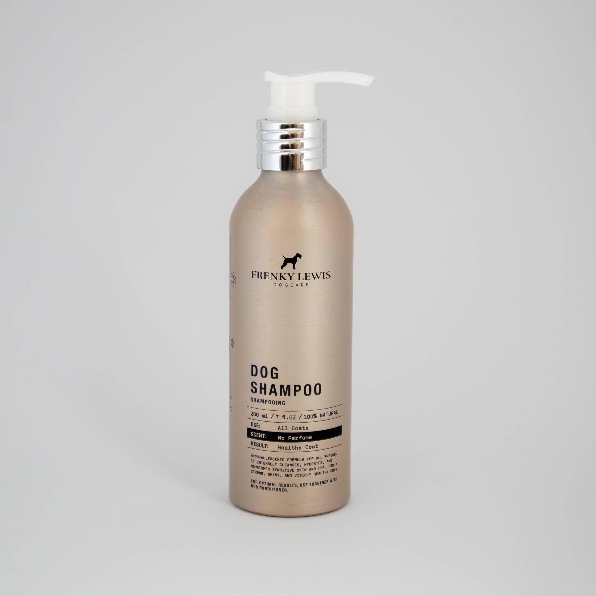 Frenky Lewis Pure Hypo Hypoallergenic Dog Shampoo 200ml in a recyclable aluminium bottle.