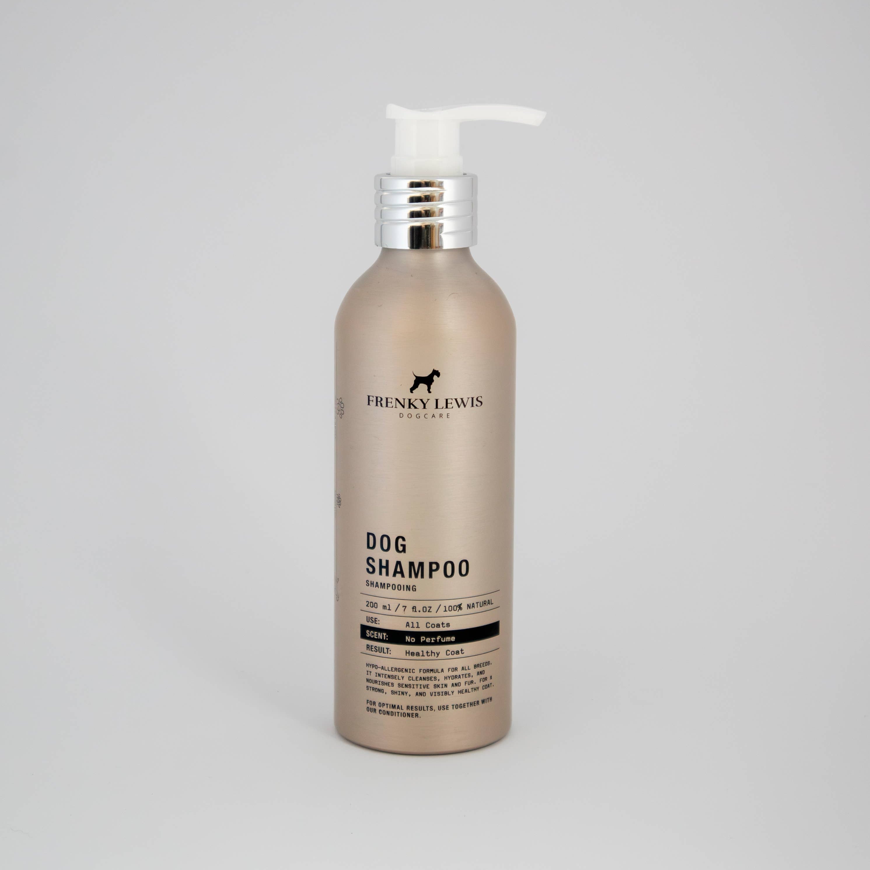 Frenky Lewis Pure Hypo Hypoallergenic Dog Shampoo 200ml in a recyclable aluminium bottle.