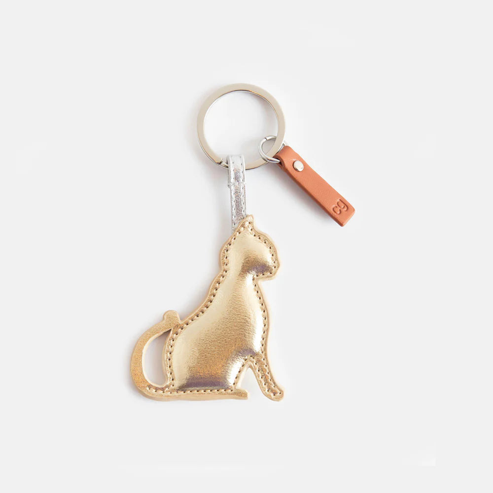 Gold cat keyring with silver-tone hardware and tan tab from Bell & Beau.