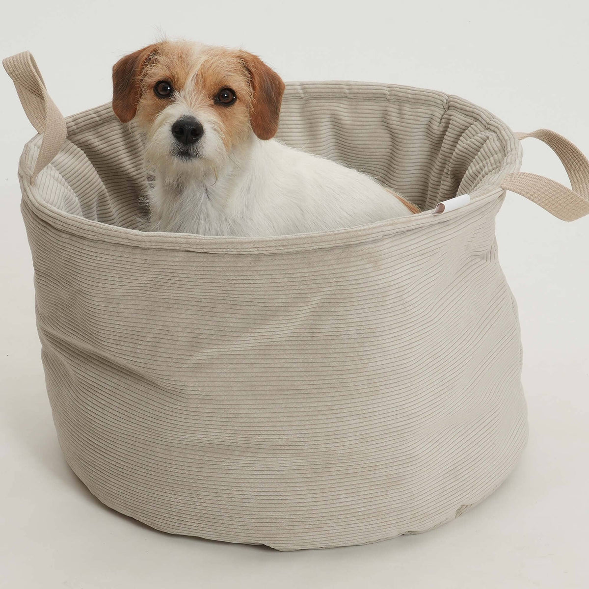 Soft neutral Gravel corduroy basket bed for small dogs and cats.