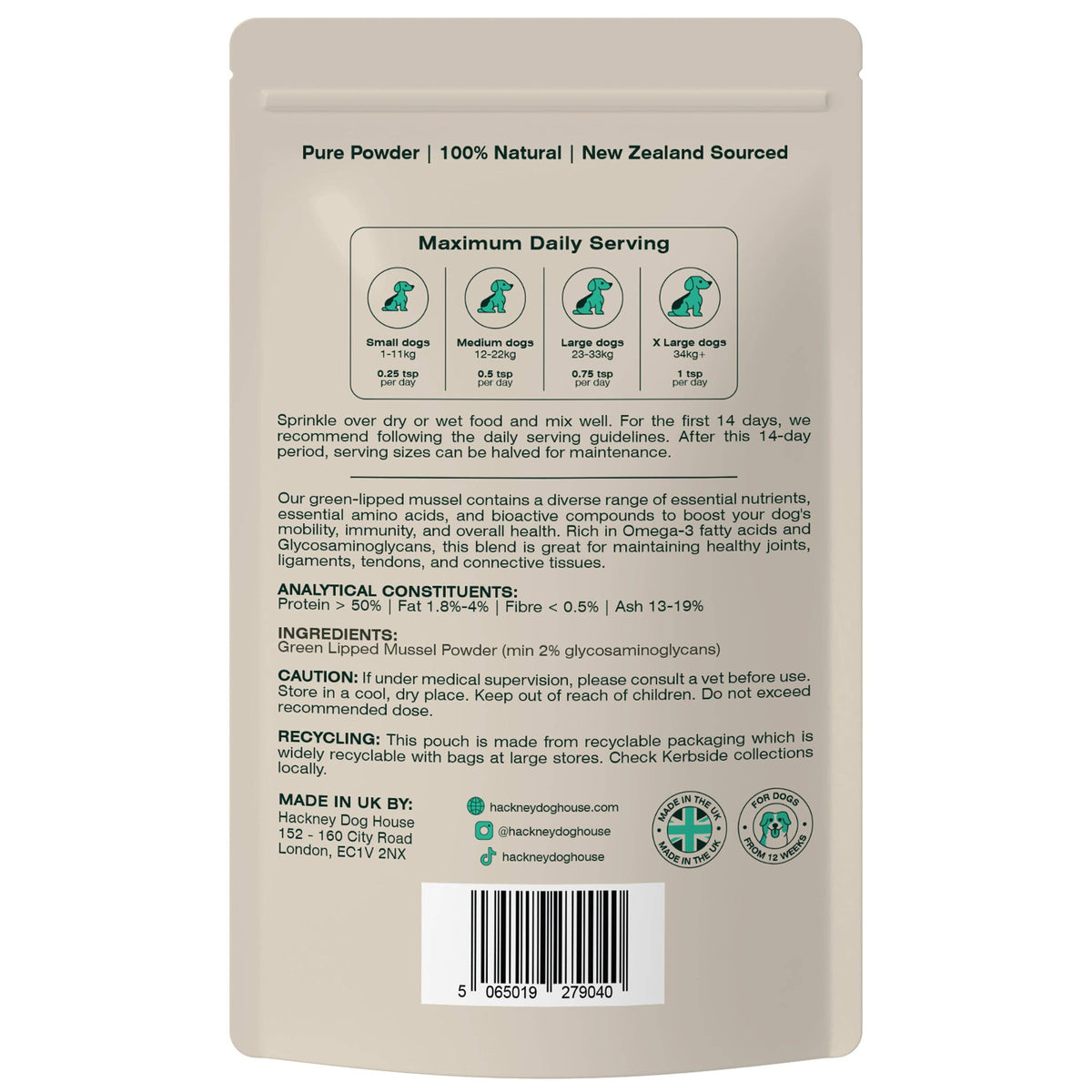 Single-ingredient green lipped mussel food topper for dogs.