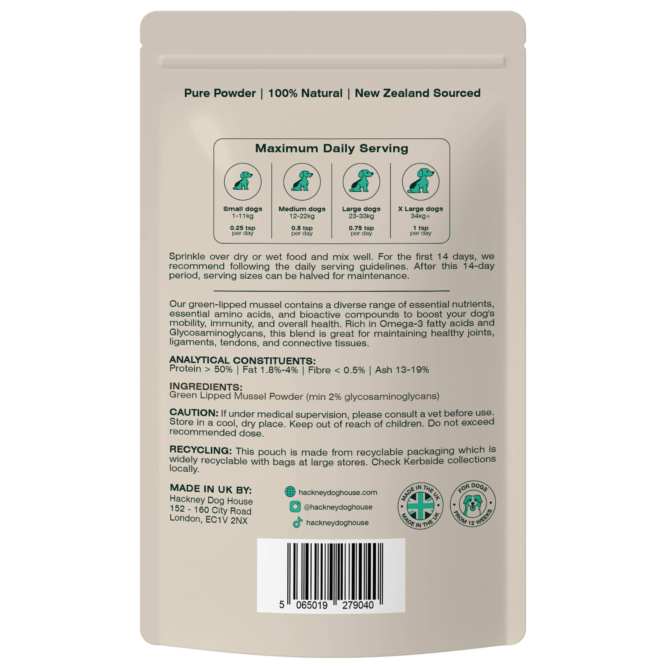 Single-ingredient green lipped mussel food topper for dogs.