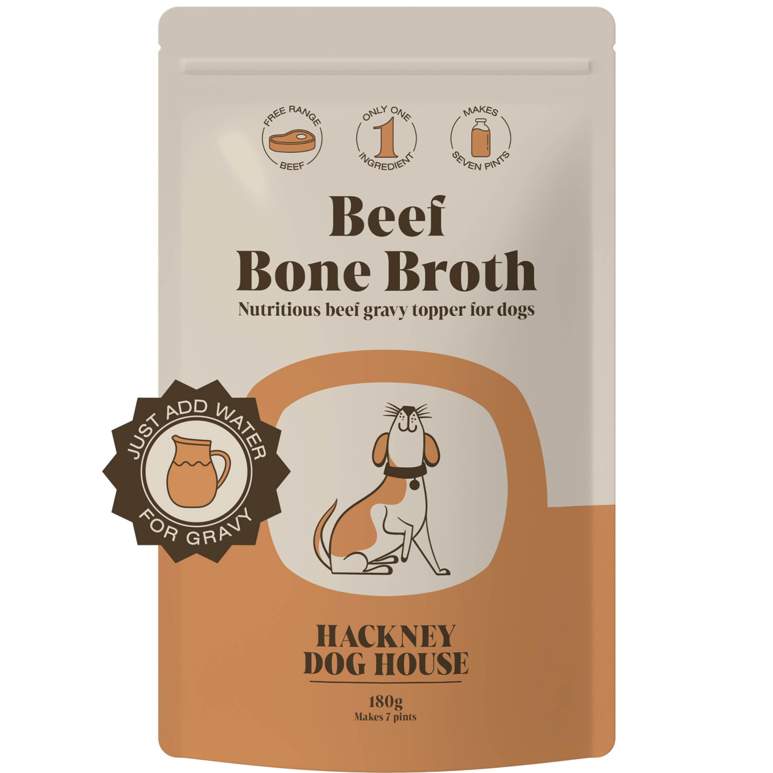 Hackney Dog House Beef Bone Broth powder for dogs and dog food topper.