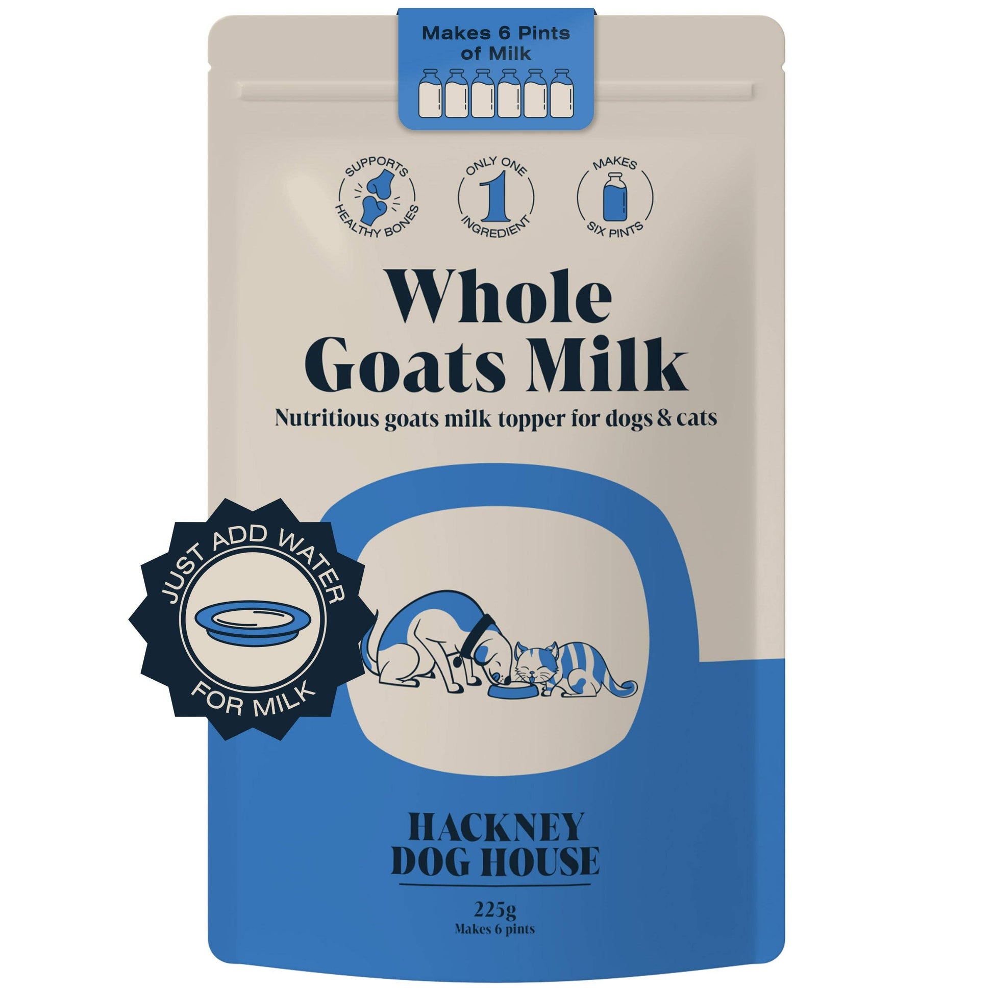 Hackney Dog House whole goat’s milk powder for dogs and puppies from 12 weeks.