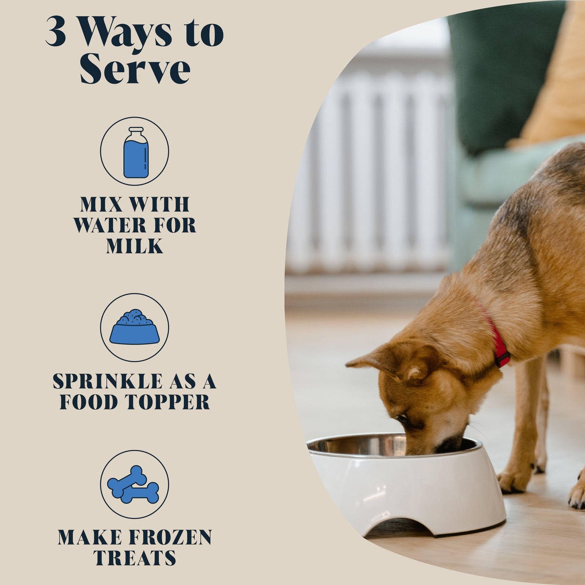 Hackney Dog House powdered goat’s milk for sprinkling over dog food and enrichment.