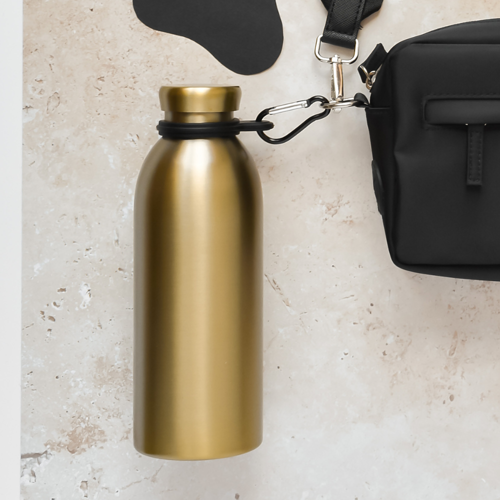 Stretchy water bottle holder with carabiner-style clip for hands-free carrying.